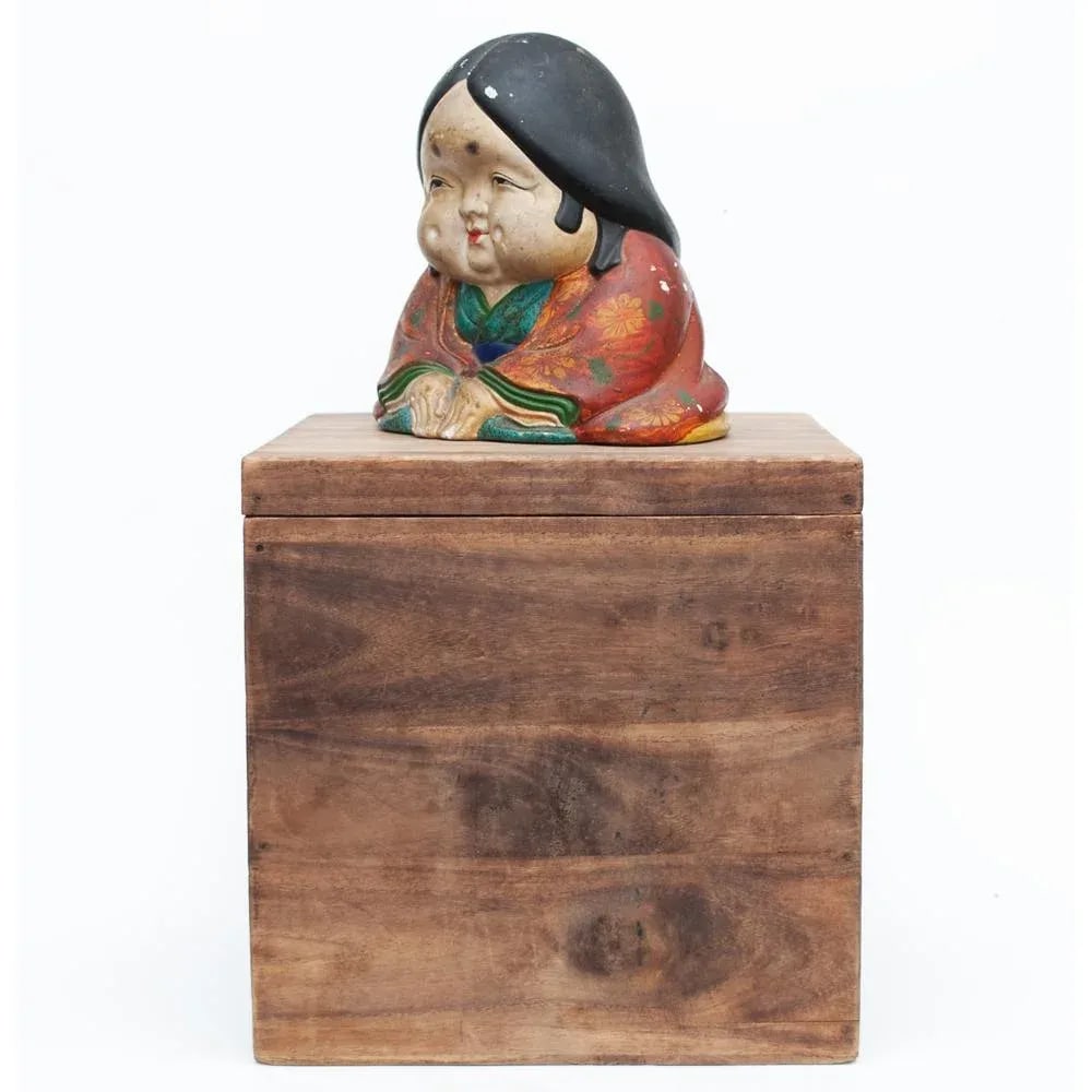 Meiji Era Otafuku Girl Figurine on Wood Stand - 3