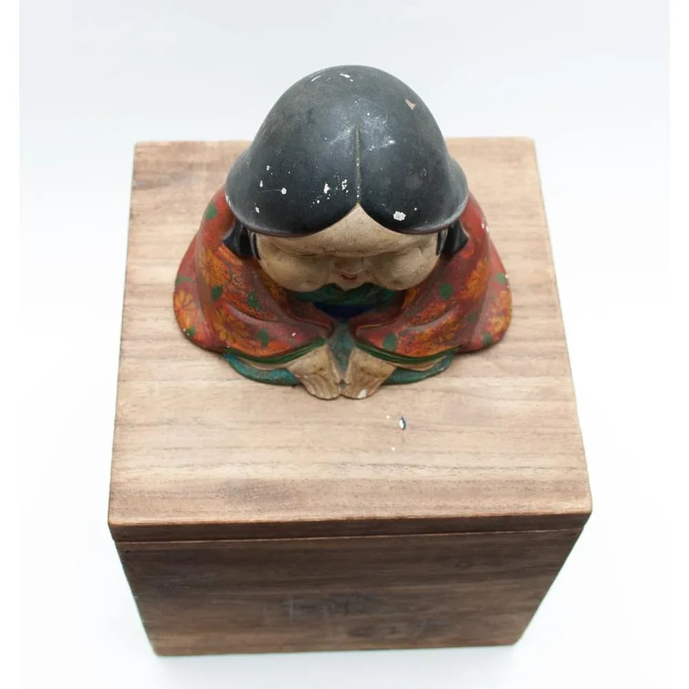 Meiji Era Otafuku Girl Figurine on Wood Stand - 4