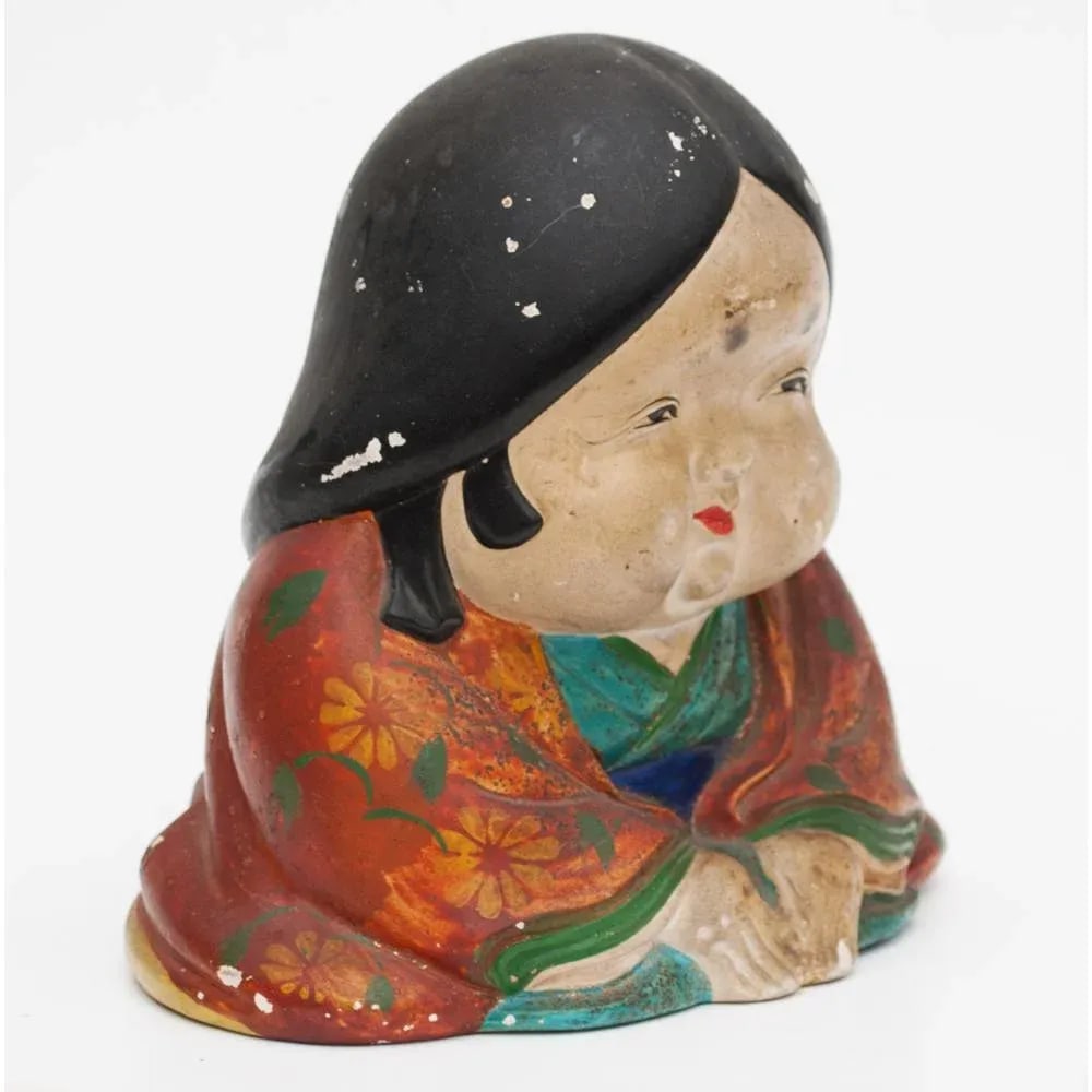 Meiji Era Otafuku Girl Figurine on Wood Stand - 7