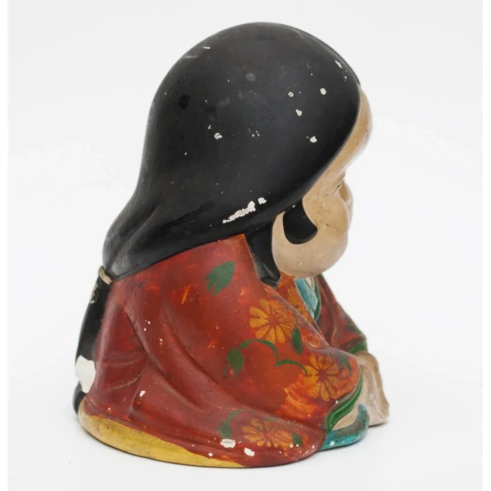 Meiji Era Otafuku Girl Figurine on Wood Stand - 8