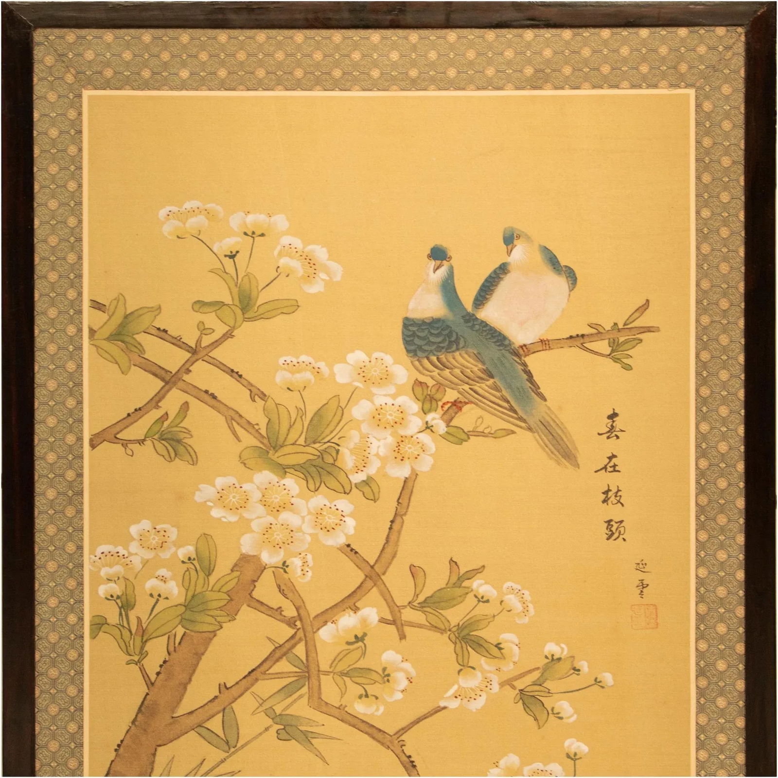 C. 1970s Chinoiserie Painted Silk Panel With Blue Birds and Sakura - 2