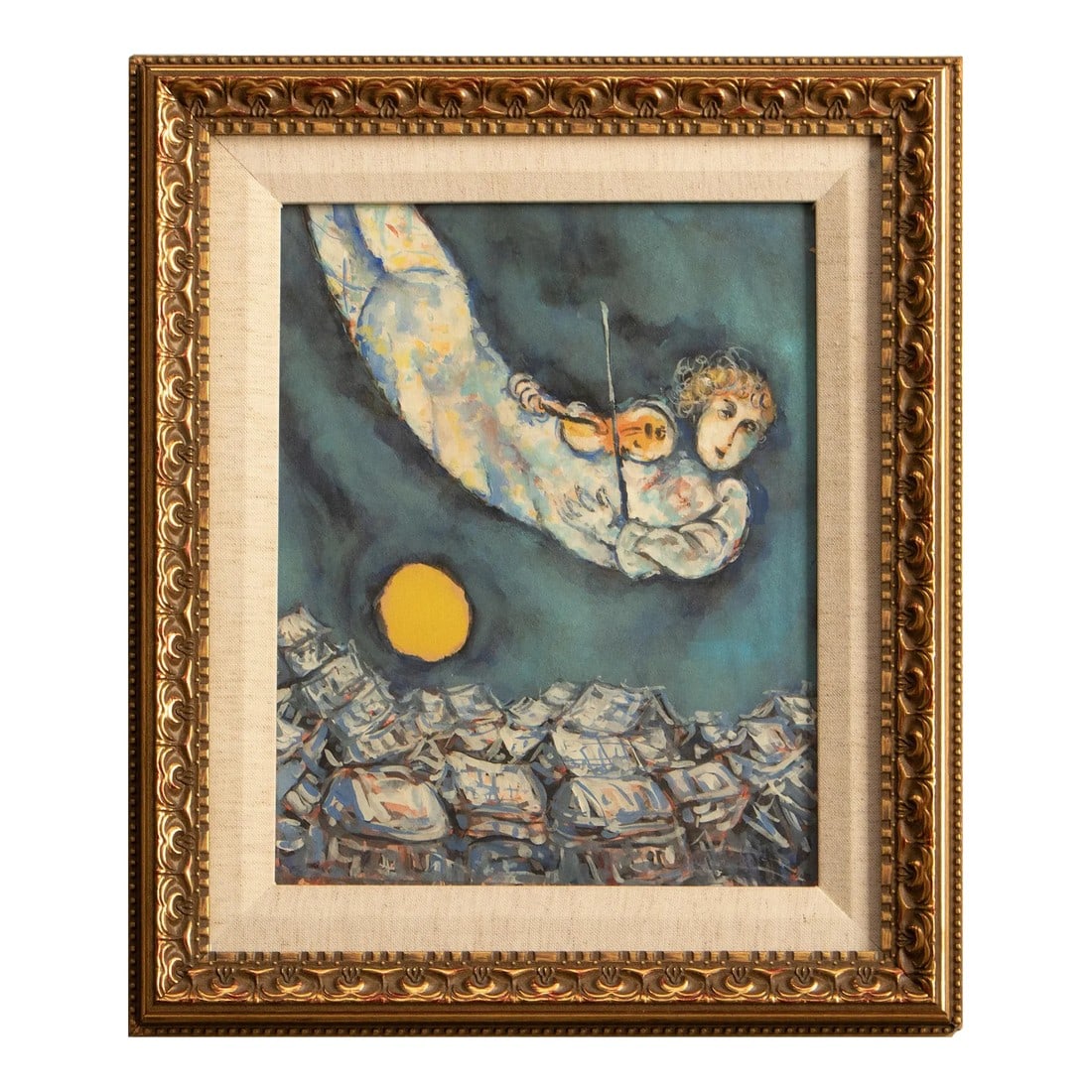Night Flight Expressionist Watercolor, Circa 1970s: Fine watercolor painting "Night Flight" depicting a young violinist flying above a town at night. Painted in the manner of Marc Chagall. Unsigned. Watercolor on paper. Linen mat, painted gold wood