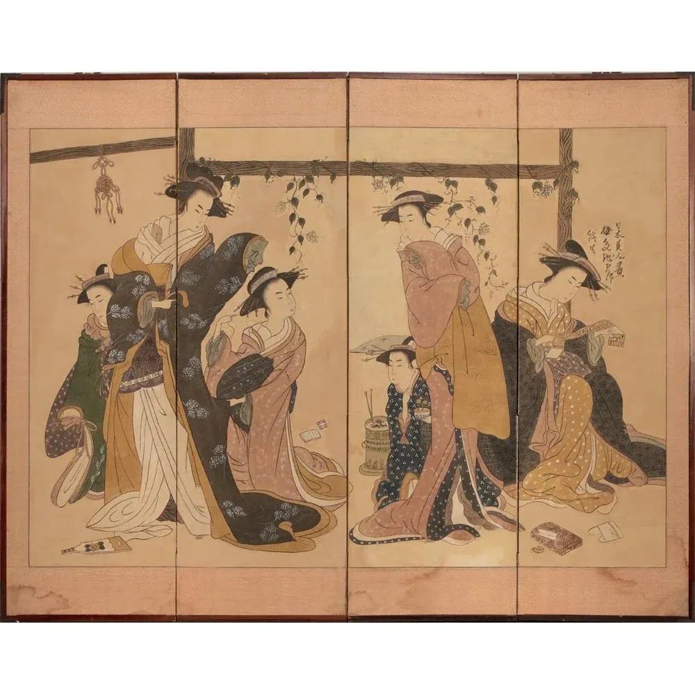 C. 1940s ShÅwa Era Japanese Ukiyo-E Style Byobu Screen - 12