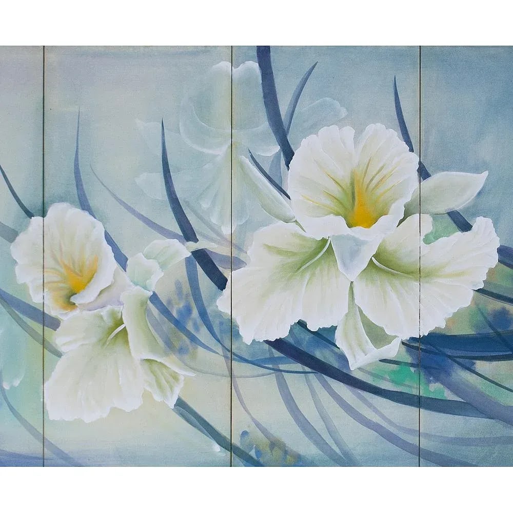 C. 1960s Vintage Painted Silk Screen With Orchids - 2