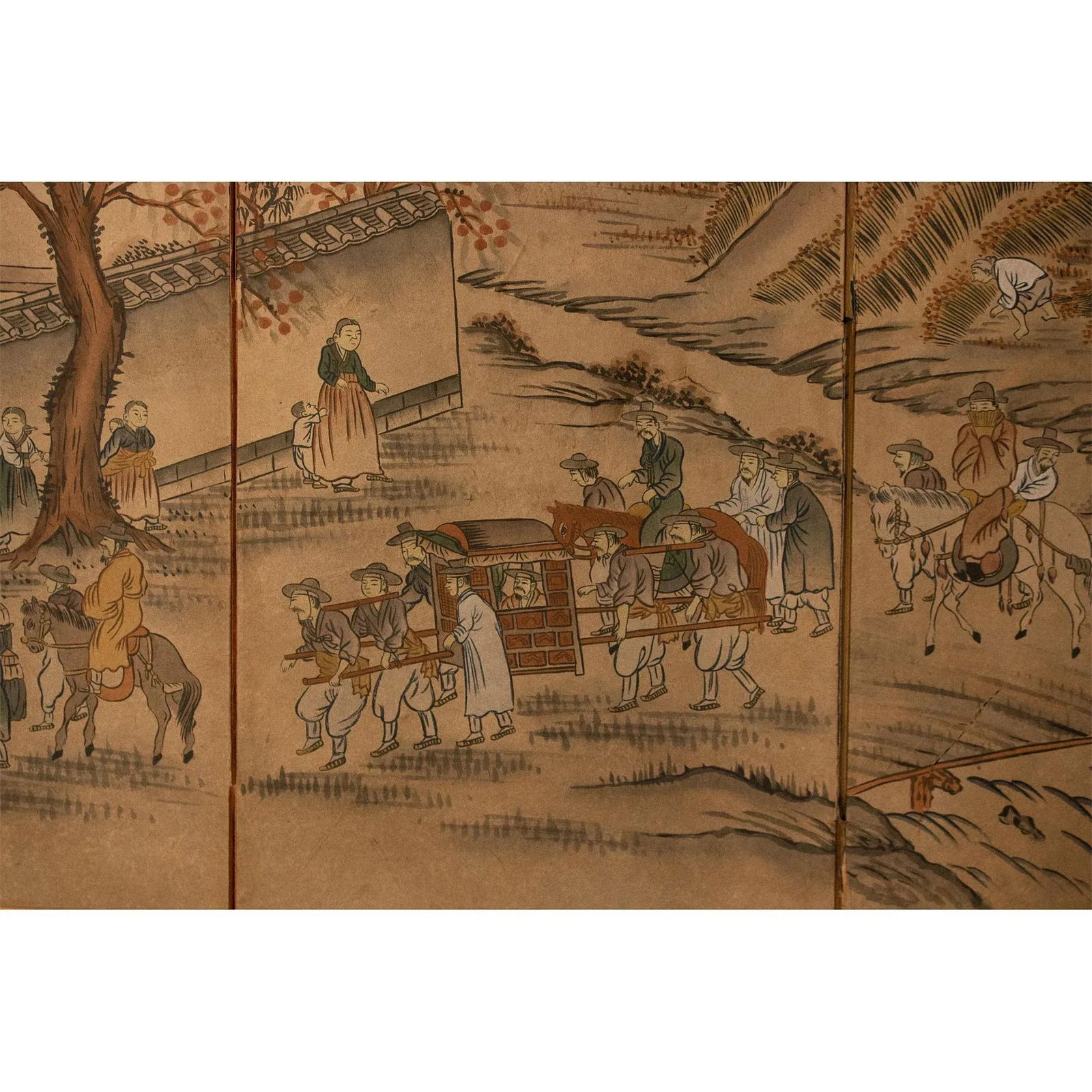 C. 1960s Vintage Korean Painted Screen "Landscape With Building" - 4