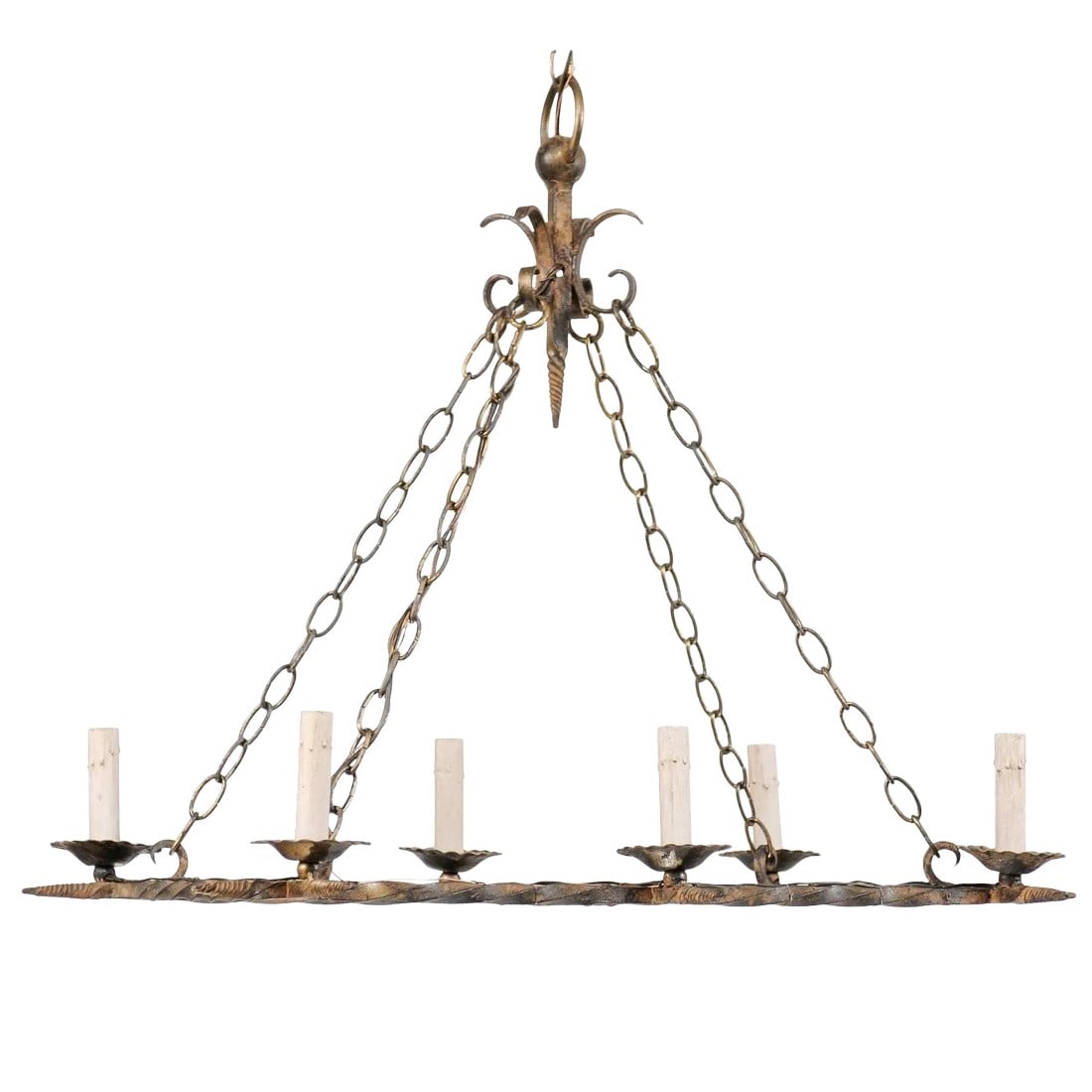 French Vintage Rectangular Six-Light Iron Chandelier Brushed in Gold Color (1 of 10)