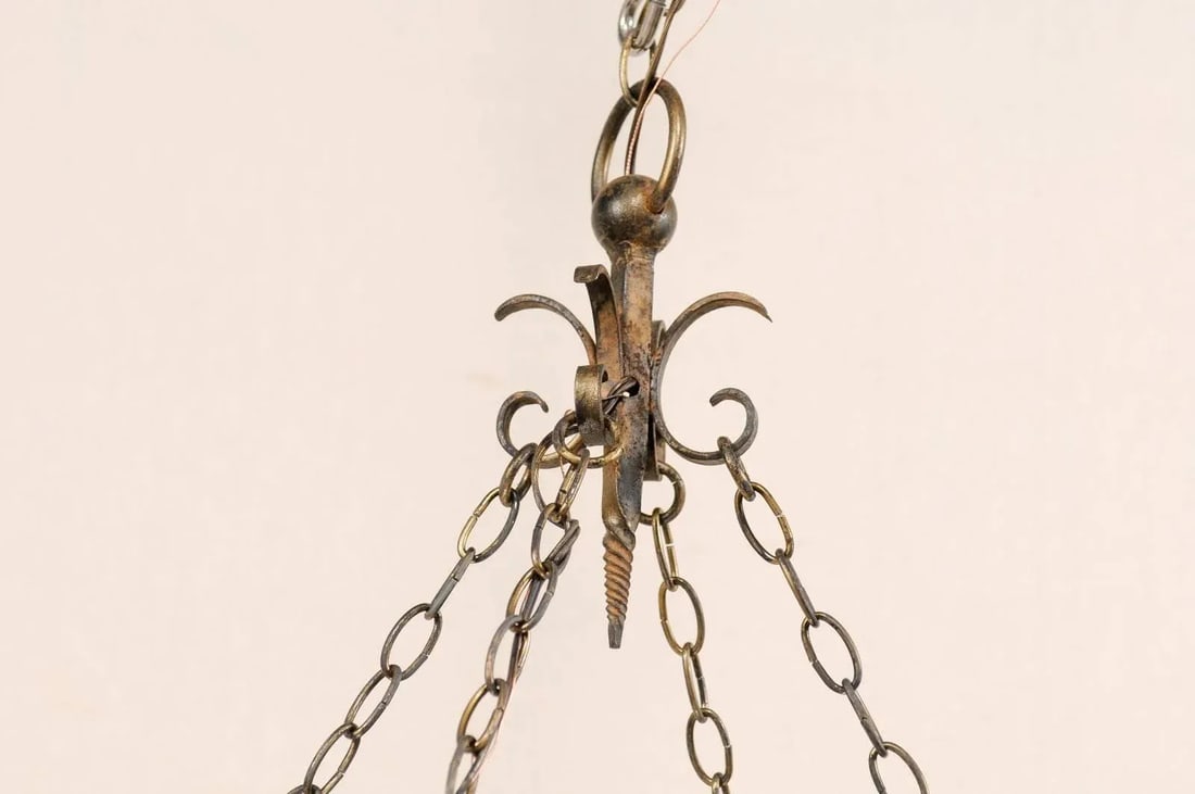 French Vintage Rectangular Six-Light Iron Chandelier Brushed in Gold Color - 5