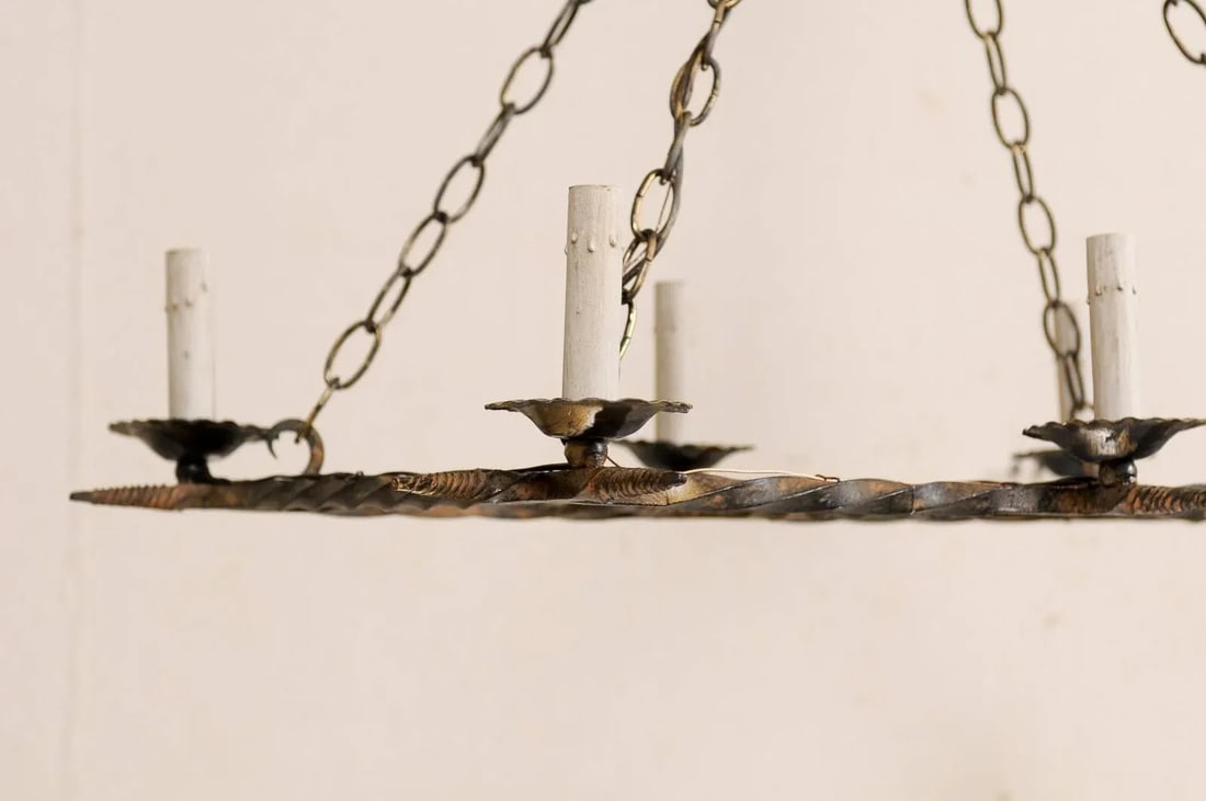 French Vintage Rectangular Six-Light Iron Chandelier Brushed in Gold Color - 6