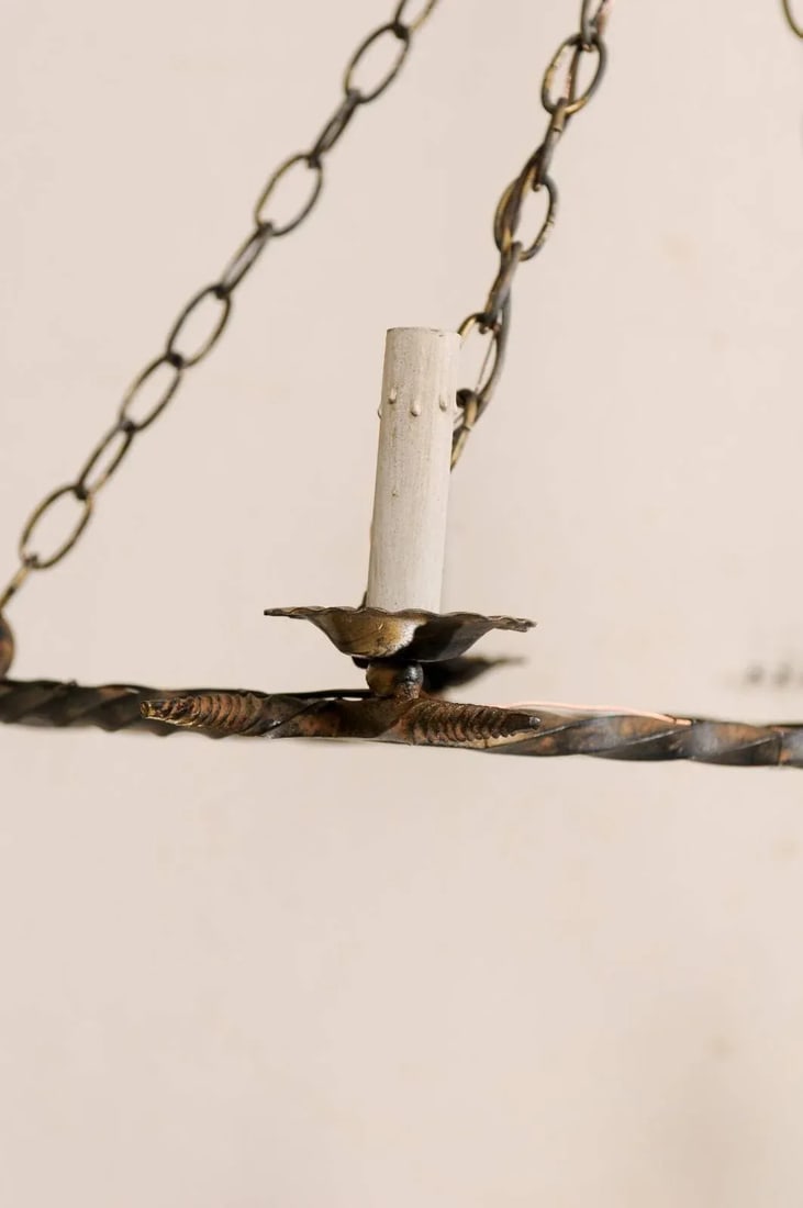 French Vintage Rectangular Six-Light Iron Chandelier Brushed in Gold Color - 8