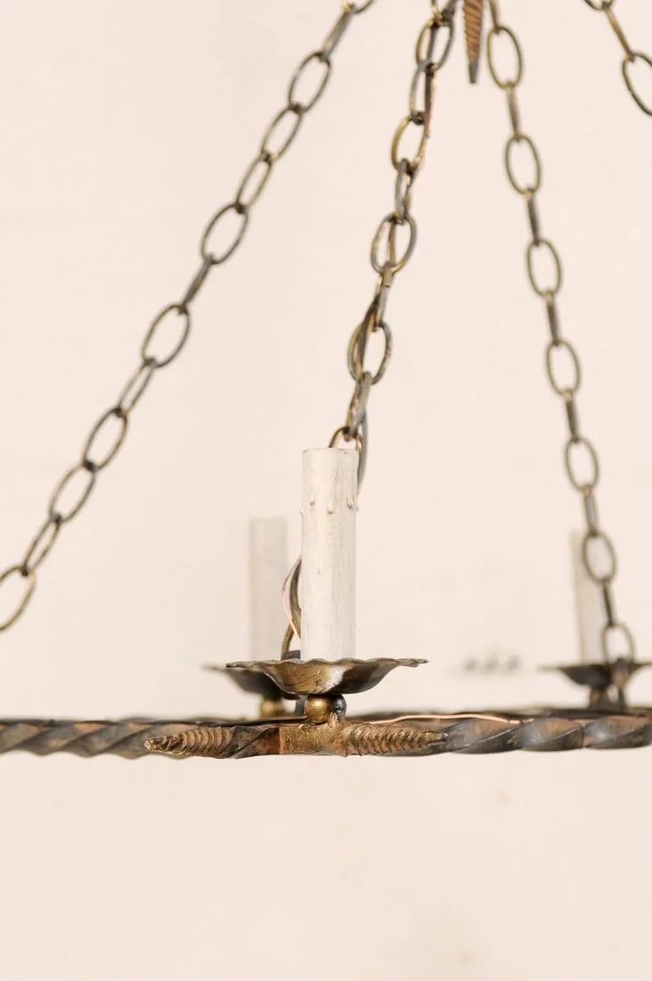 French Vintage Rectangular Six-Light Iron Chandelier Brushed in Gold Color - 9