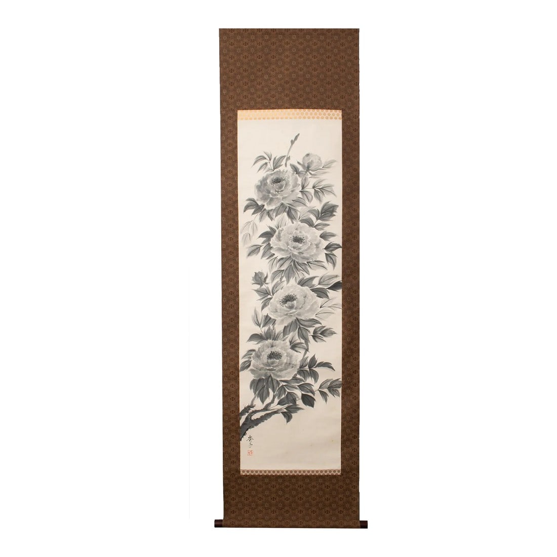 Post-1940 Showa Era Japanese Monochrome Watercolor Scroll Painting "Peonies": Elegant large vintage Japanese Showa Era monochrome watercolor scroll painting depicting Peony Flowers. Signed and sealed by artist in ink. Watercolor and ink on paper. Mounted on silk, paper on back.
