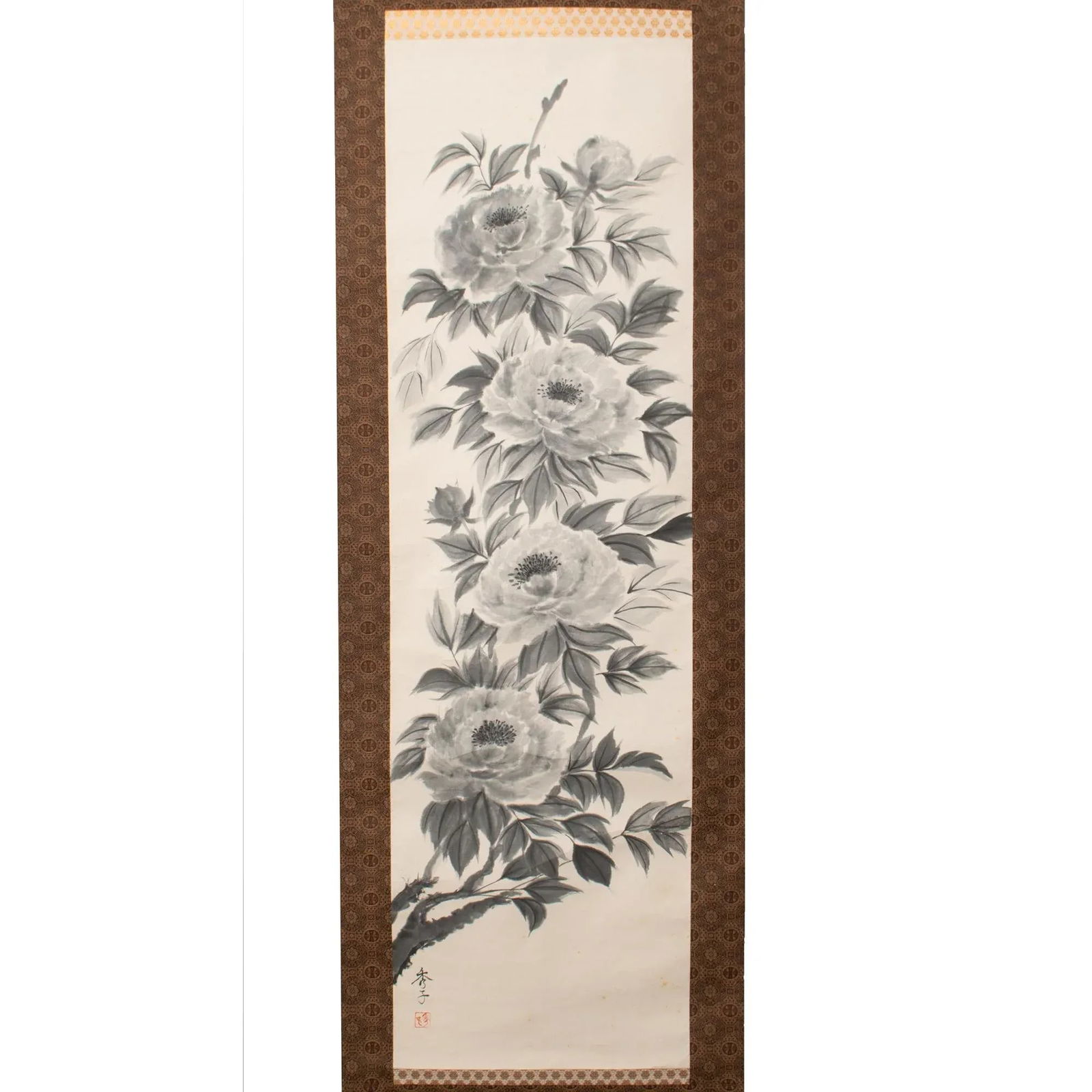 Post-1940 Showa Era Japanese Monochrome Watercolor Scroll Painting "Peonies" - 2