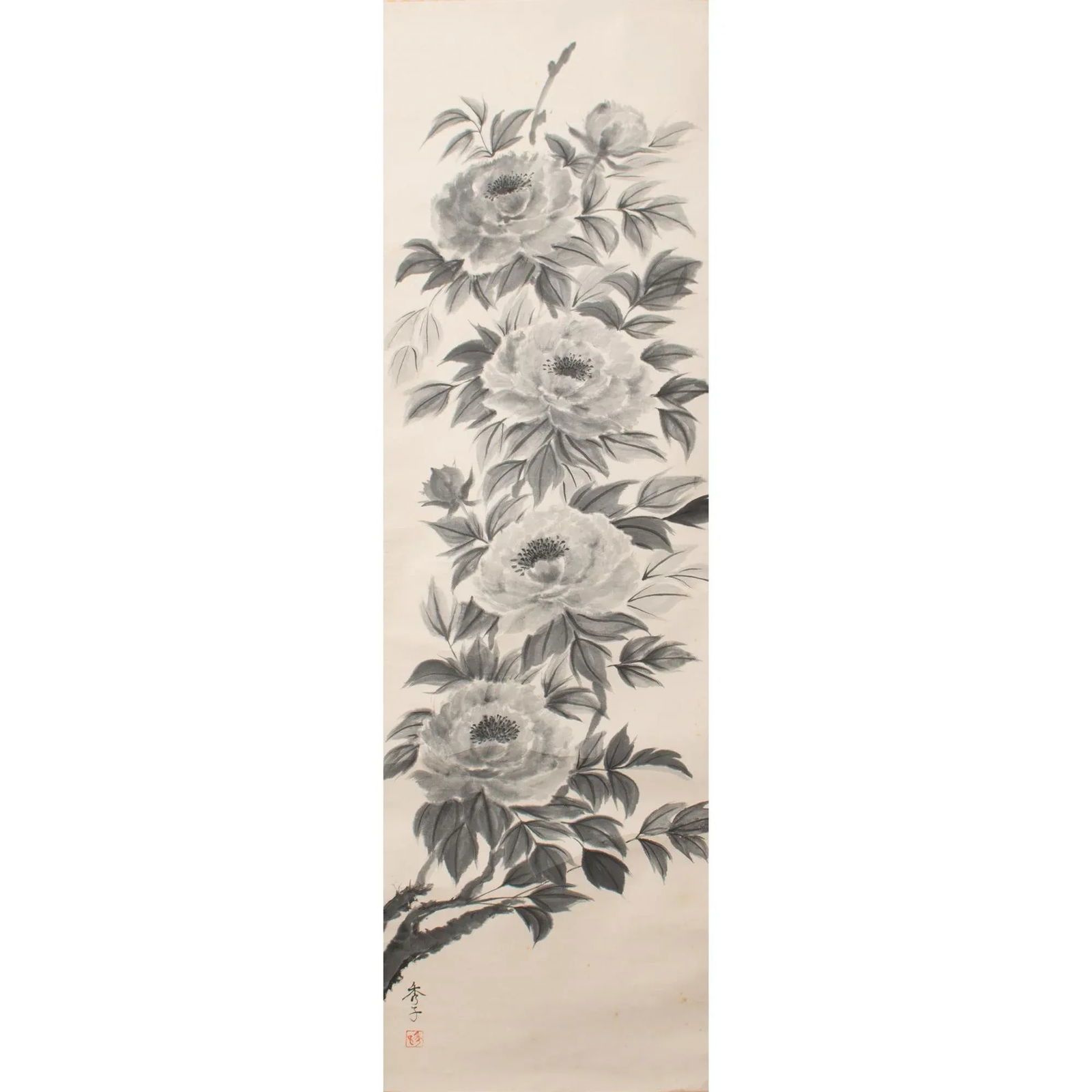 Post-1940 Showa Era Japanese Monochrome Watercolor Scroll Painting "Peonies" - 3