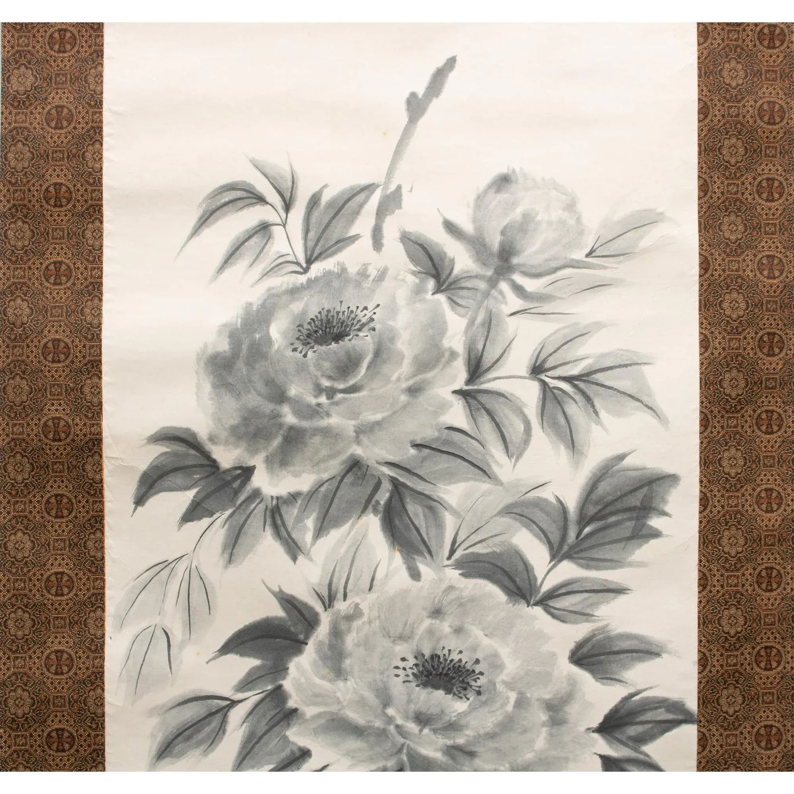 Post-1940 Showa Era Japanese Monochrome Watercolor Scroll Painting "Peonies" - 4