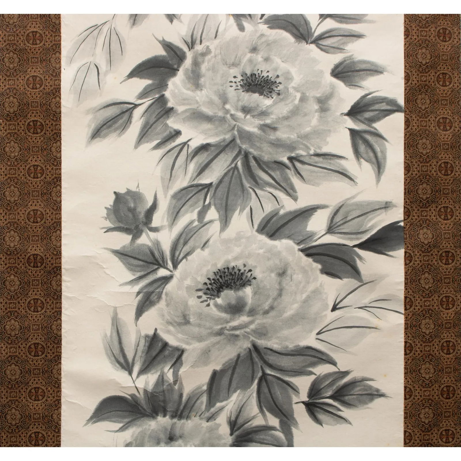 Post-1940 Showa Era Japanese Monochrome Watercolor Scroll Painting "Peonies" - 6