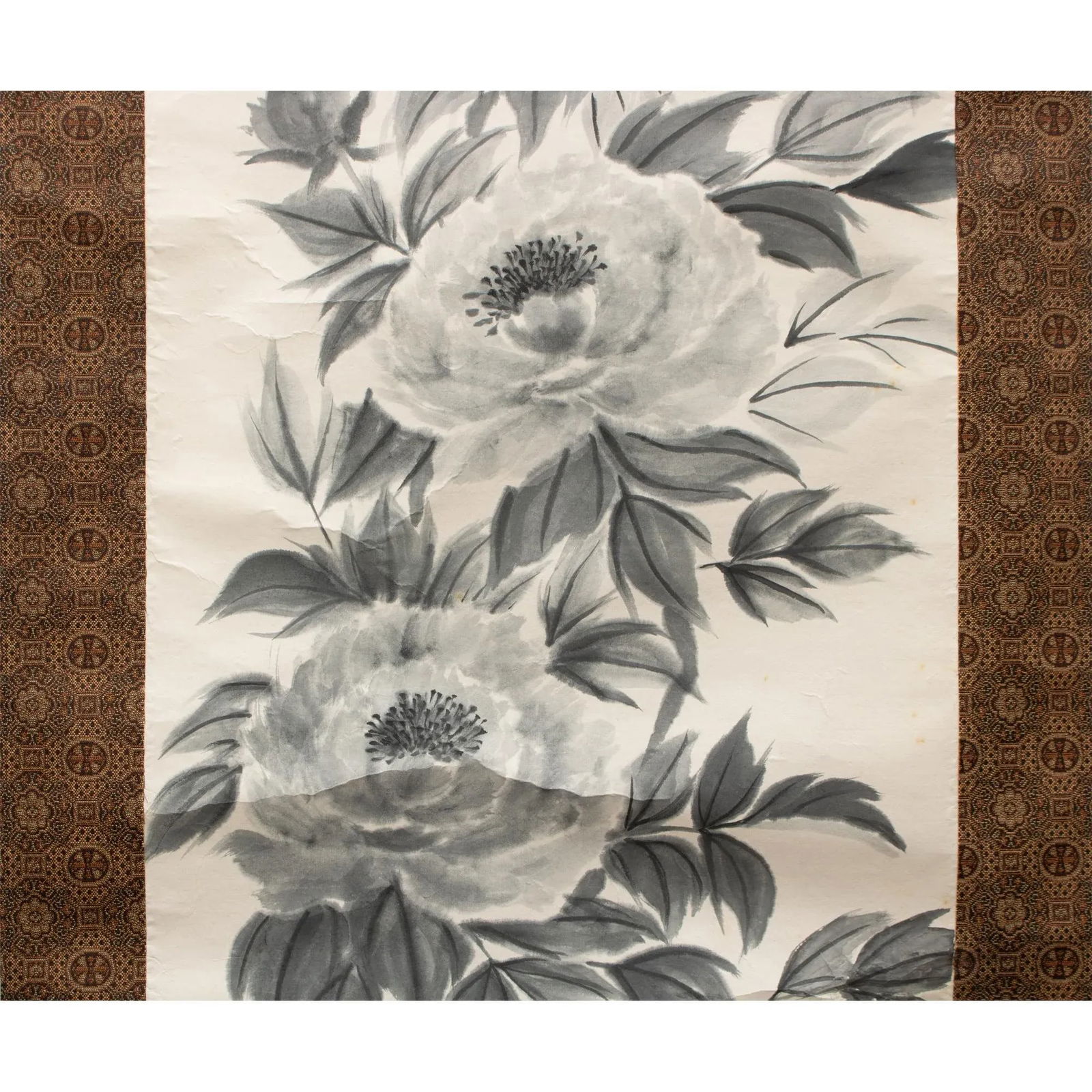 Post-1940 Showa Era Japanese Monochrome Watercolor Scroll Painting "Peonies" - 7