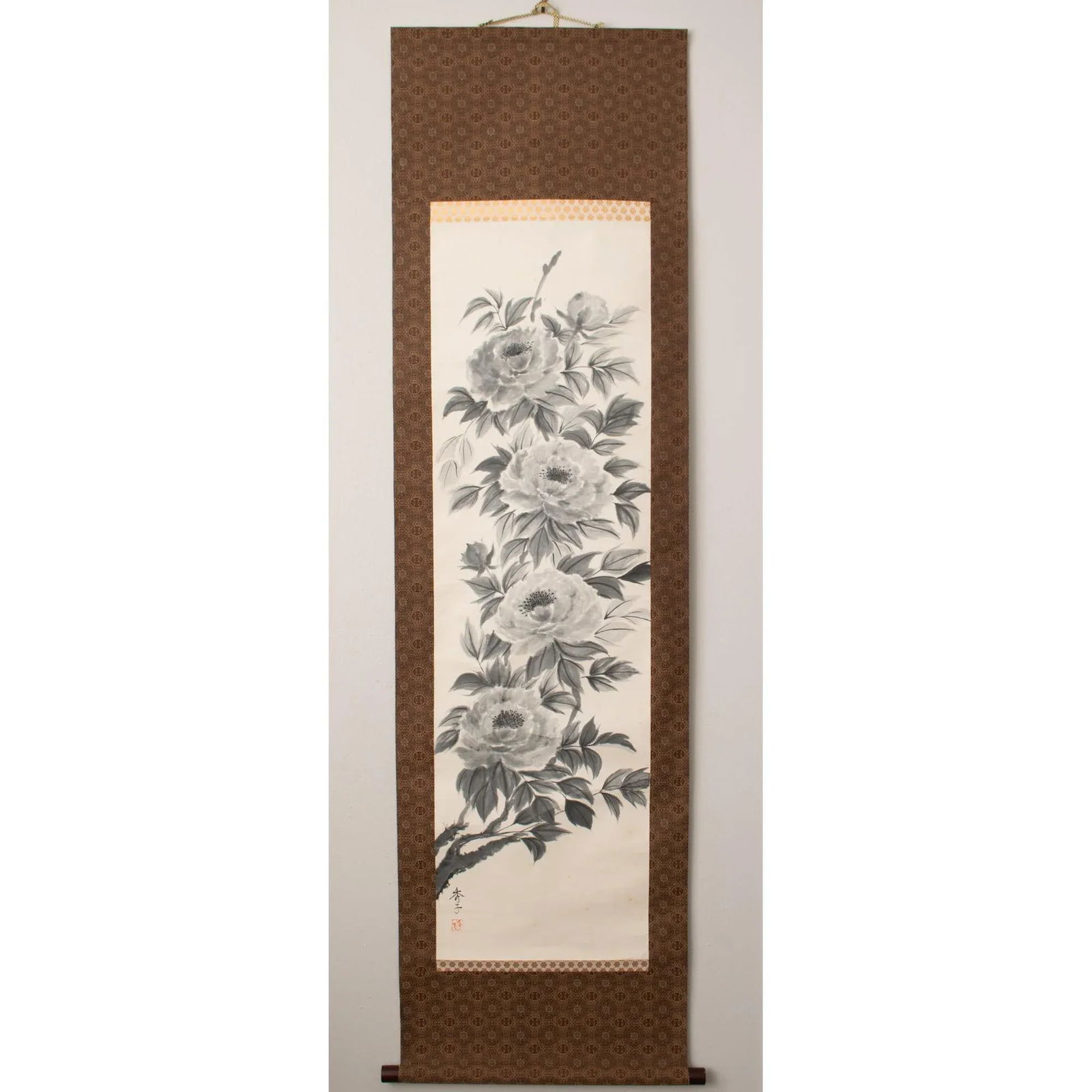 Post-1940 Showa Era Japanese Monochrome Watercolor Scroll Painting "Peonies" - 9