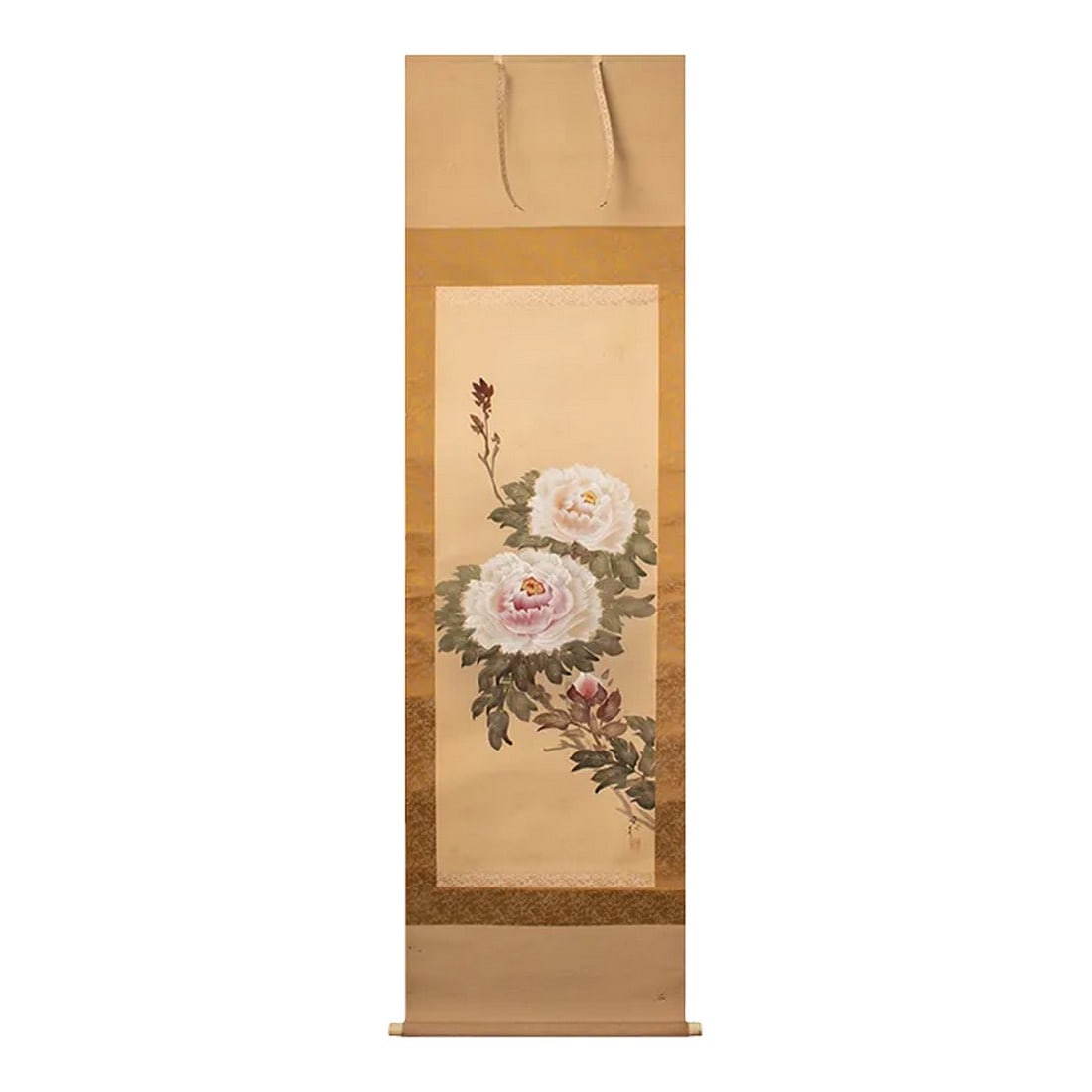 Post-1940 Showa Era Japanese Scroll Painting "Peonies": Stunning large vintage Japanese Showa Era watercolor scroll painting of Peony flowers. Signed and sealed by artist in ink. Watercolor and ink on silk. Mounted on silk over paper. Bone-like roller. Exc
