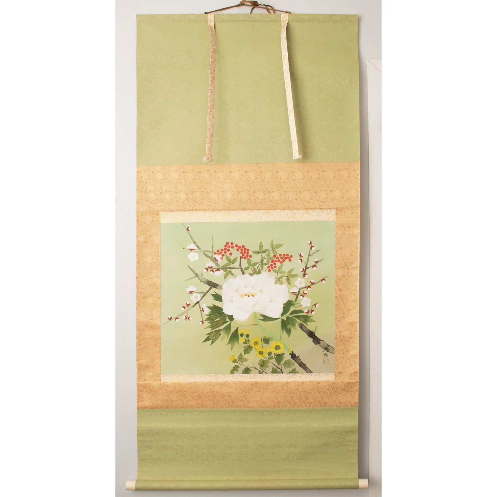 Post-1940 Showa Japanese Silk Scroll Painting "Peony Flower and Sakura" - 12