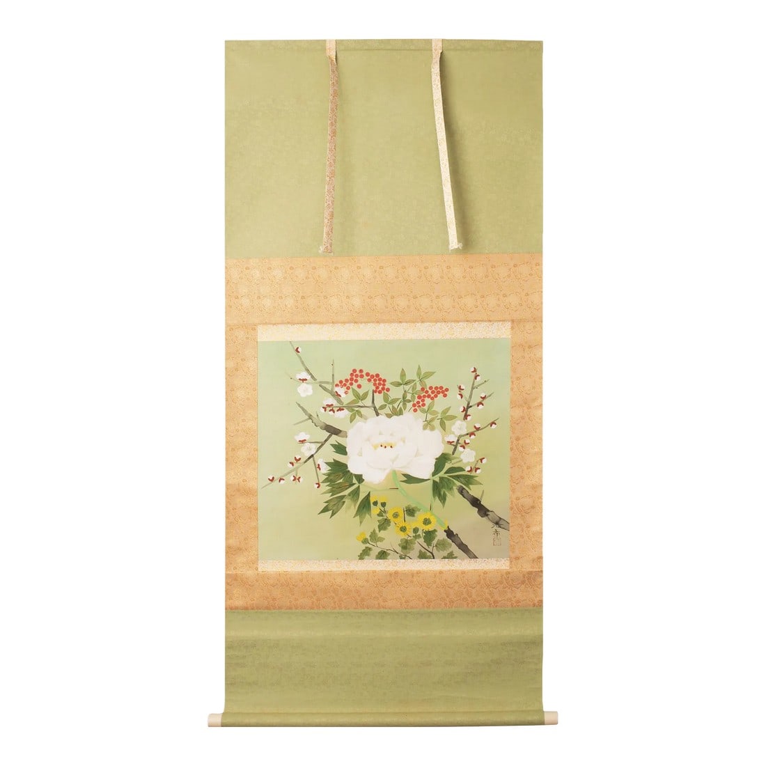 Post-1940 Showa Japanese Silk Scroll Painting "Peony Flower and Sakura": Very elegant vintage Japanese Showa Era watercolor silk scroll painting depicting Peony flower, blossoming Sakura branch and other flowers. Watercolor and ink on silk. Mounted on silk over paper. Bone