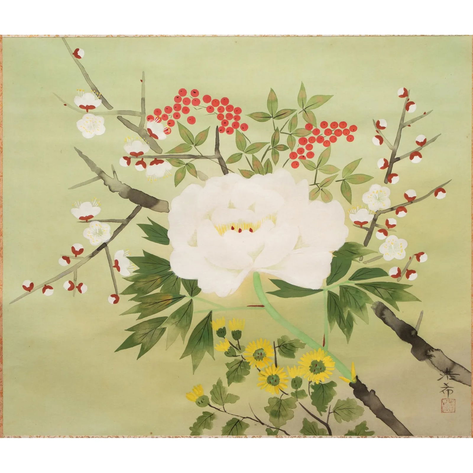 Post-1940 Showa Japanese Silk Scroll Painting "Peony Flower and Sakura" - 2