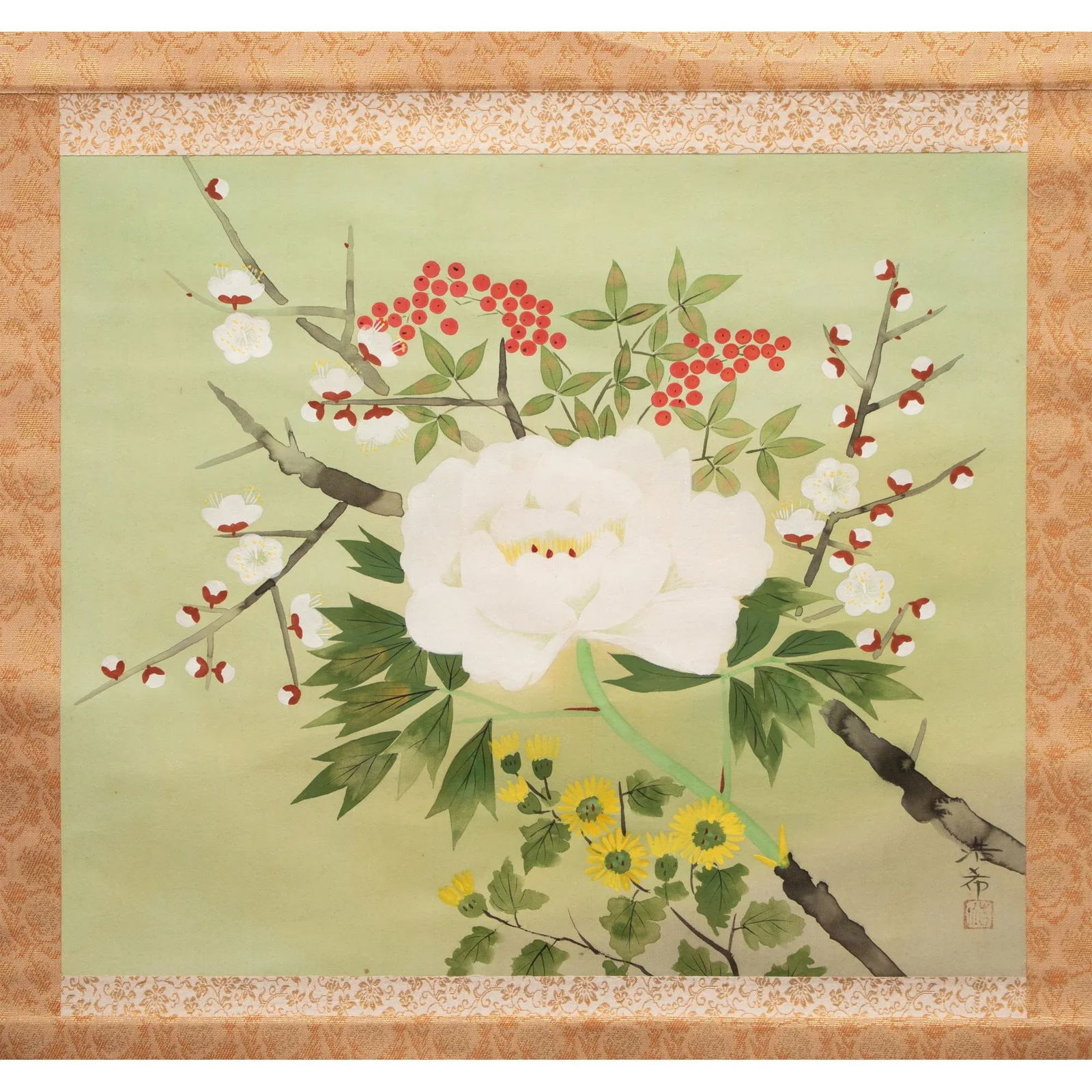 Post-1940 Showa Japanese Silk Scroll Painting "Peony Flower and Sakura" - 4
