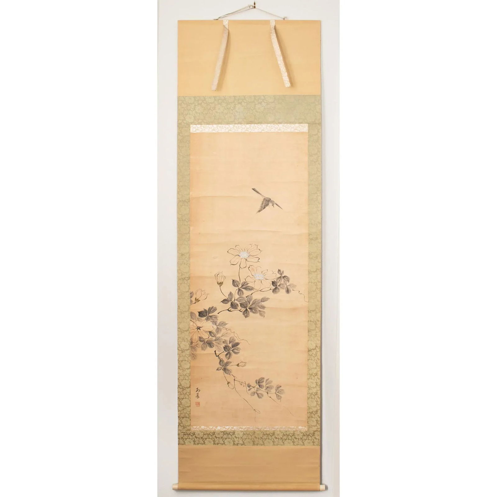 Early Showa Era Japanese Monochrome Scroll Painting "Sparrow and Camellia" - 10