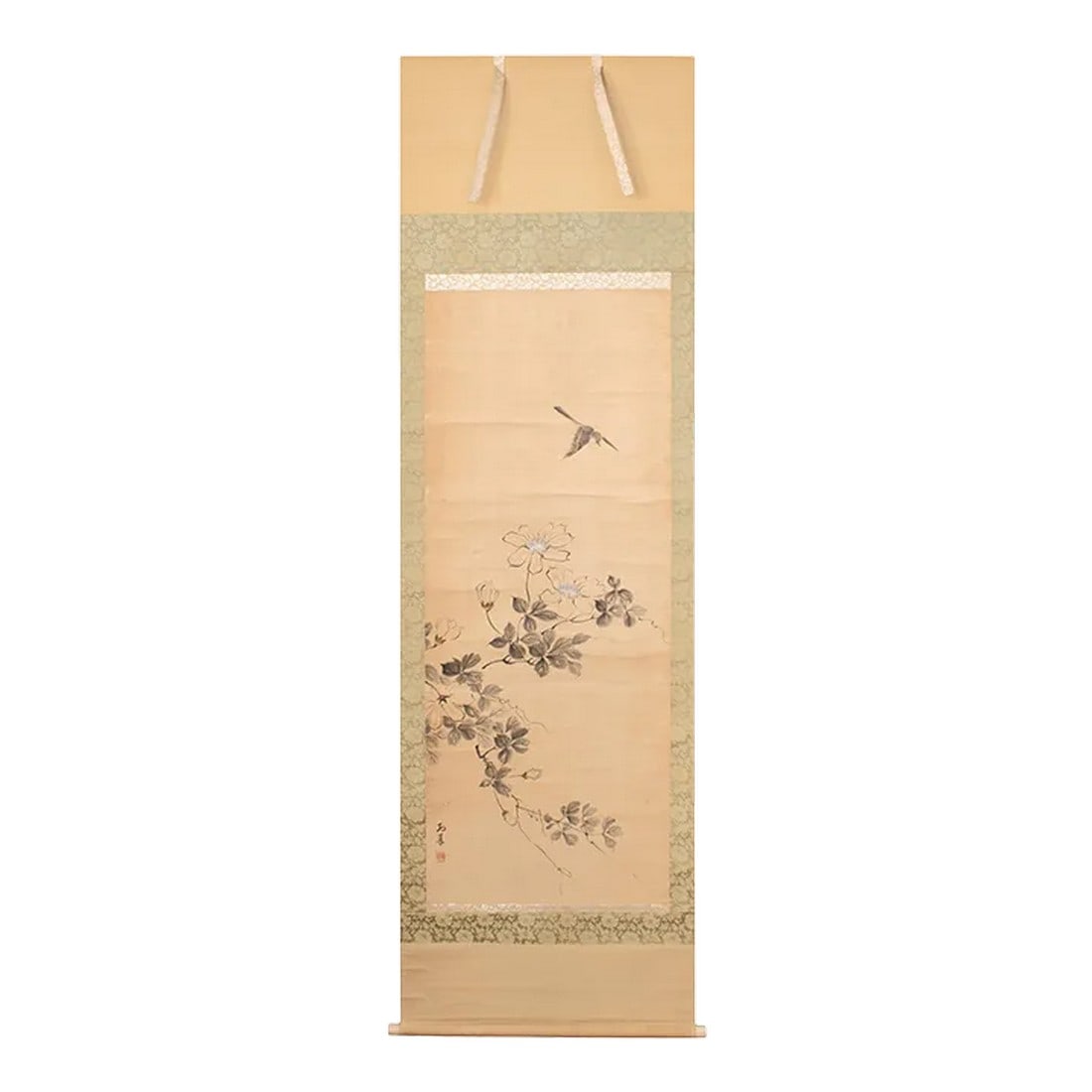 Early Showa Era Japanese Monochrome Scroll Painting "Sparrow and Camellia": Elegant extra large antique or vintage Japanese Showa Era monochrome watercolor scroll painting depicting Sparrow and Camellia. Signed and sealed by artist in ink. Watercolor and ink on paper. Mounted