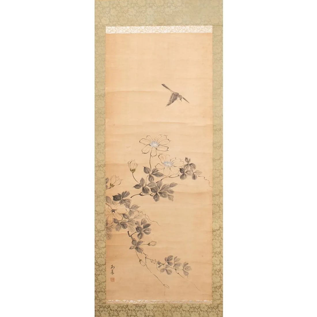 Early Showa Era Japanese Monochrome Scroll Painting "Sparrow and Camellia" - 2