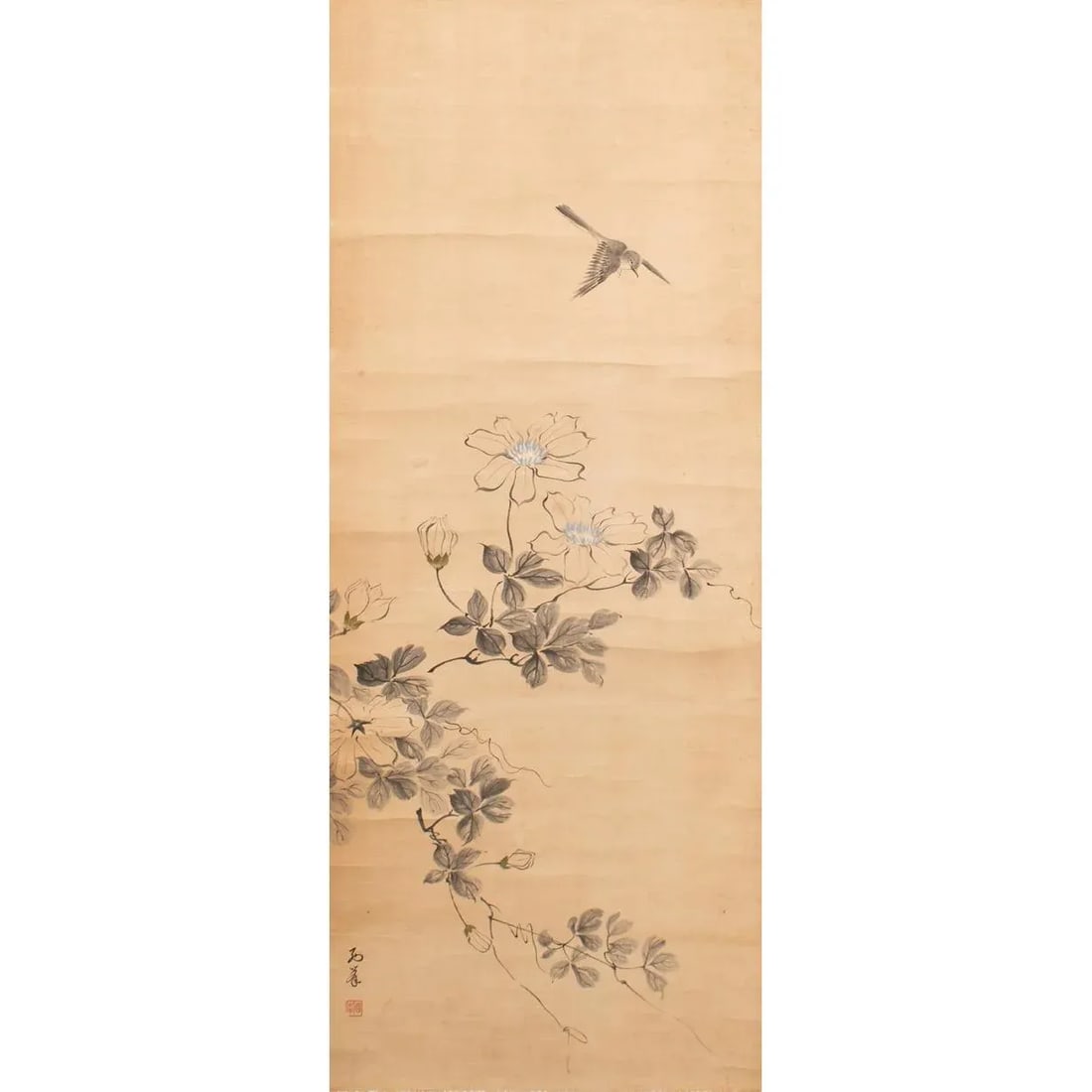 Early Showa Era Japanese Monochrome Scroll Painting "Sparrow and Camellia" - 3