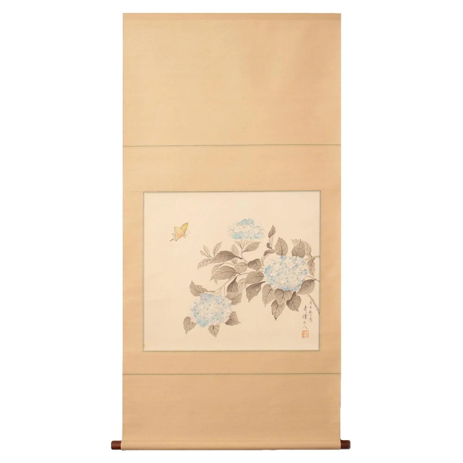 Post-1940 Showa Era Japanese Silk Scroll Painting "Butterfly and Hydrangea Flowers" - 11