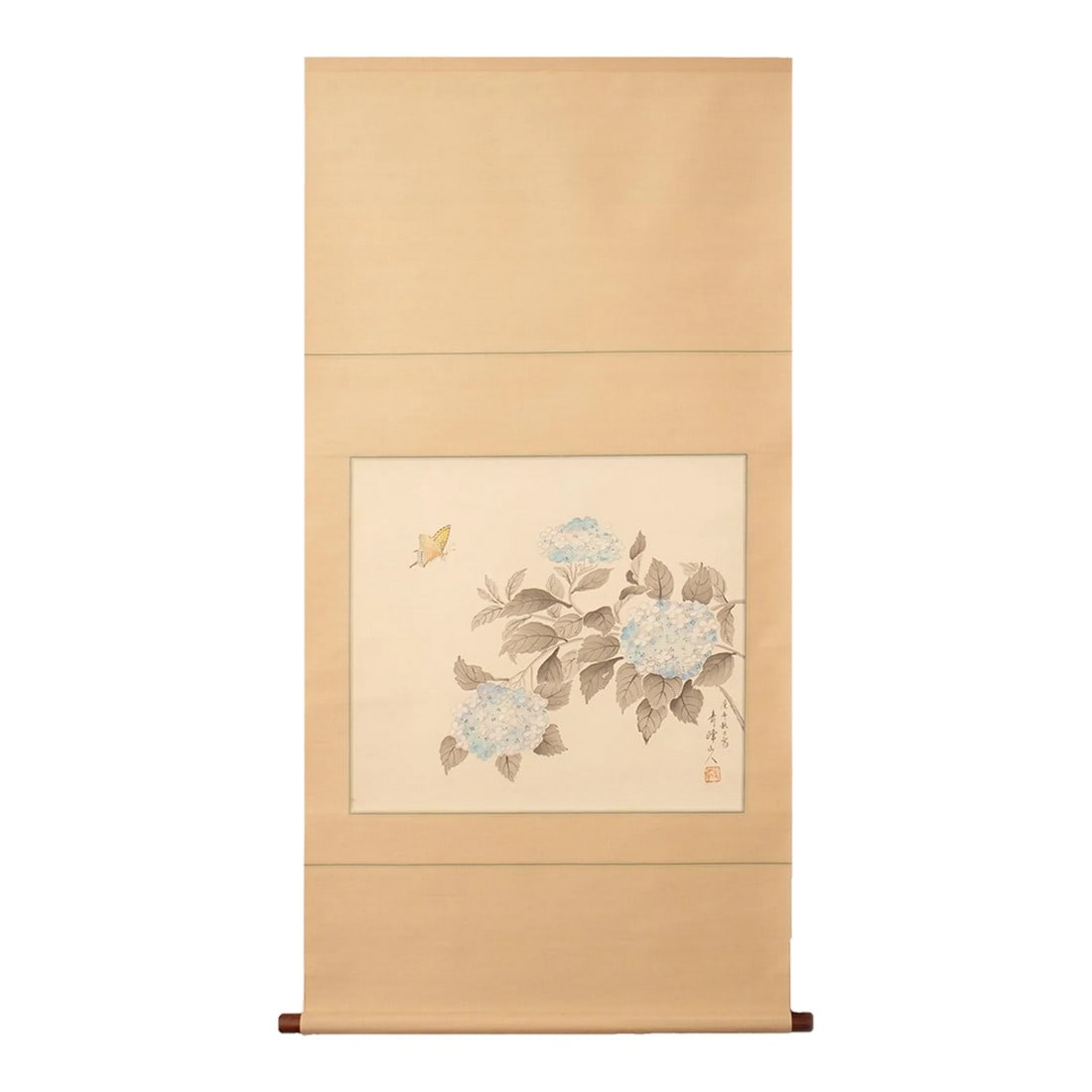 Post-1940 Showa Era Japanese Silk Scroll Painting "Butterfly and Hydrangea Flowers" (1 of 11)