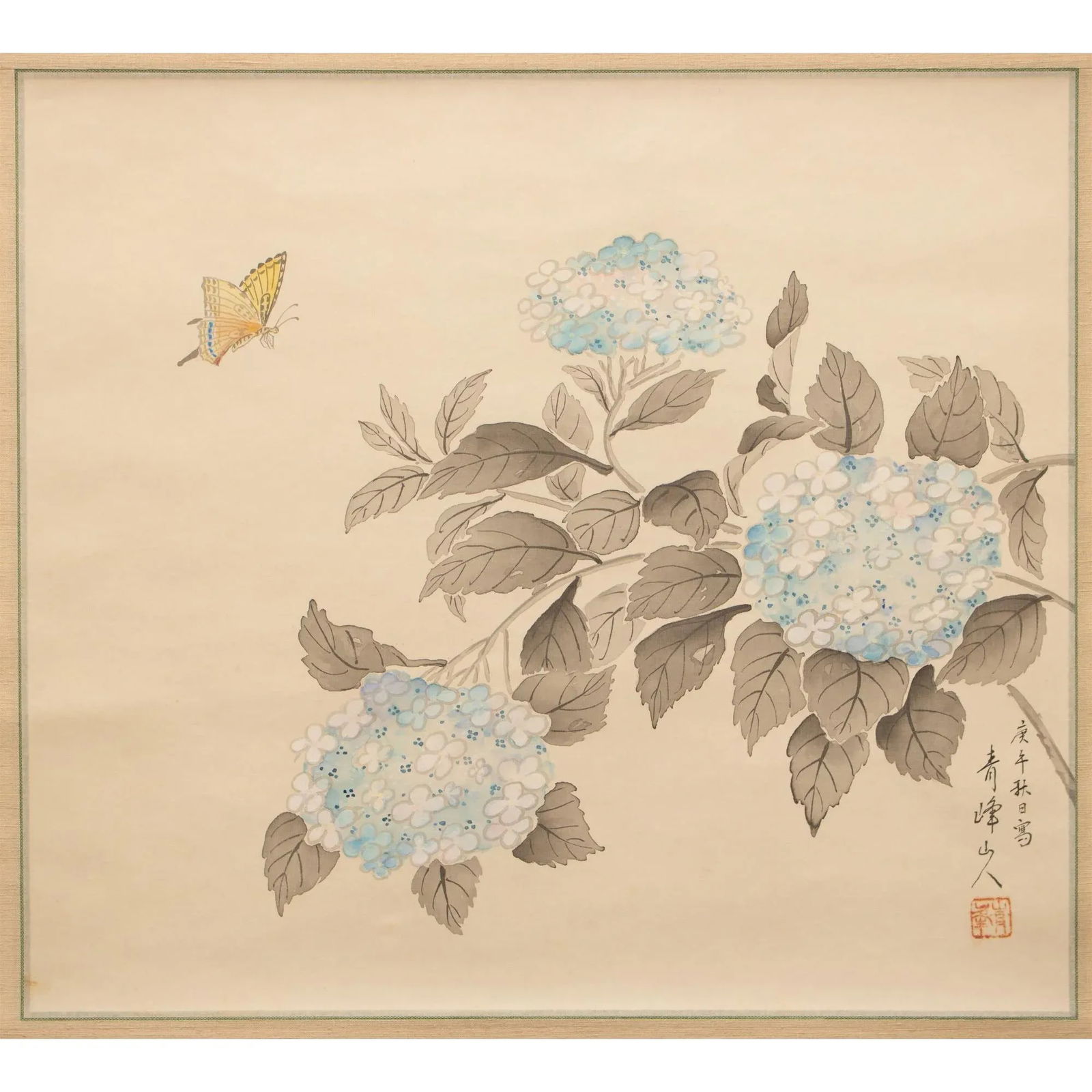 Post-1940 Showa Era Japanese Silk Scroll Painting "Butterfly and Hydrangea Flowers" - 2