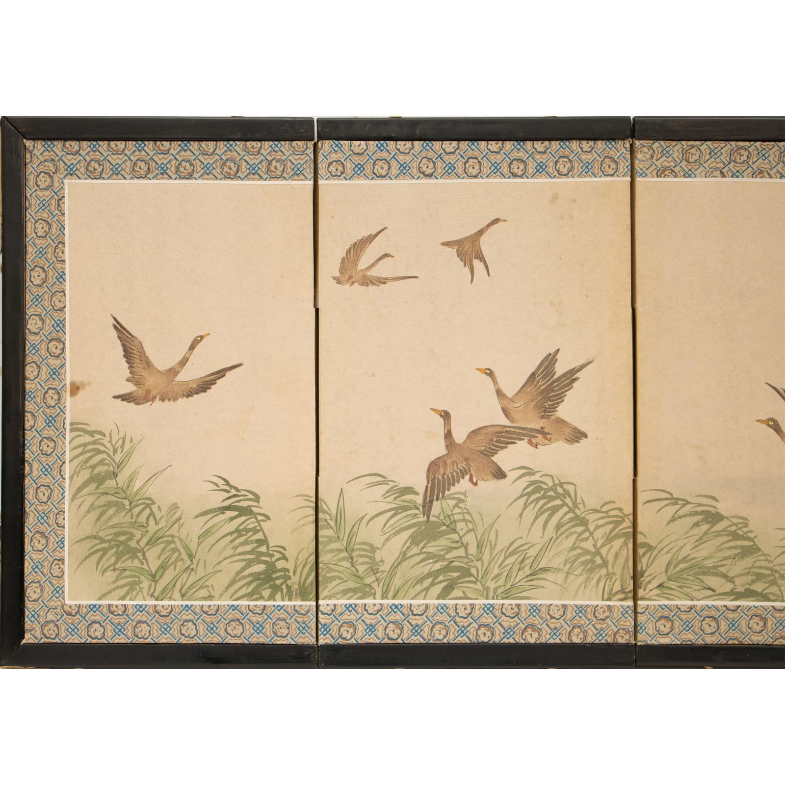 Vintage "Landscape With Geese" Small Chinese Painted Silk Screen, Circa 1950s - 2