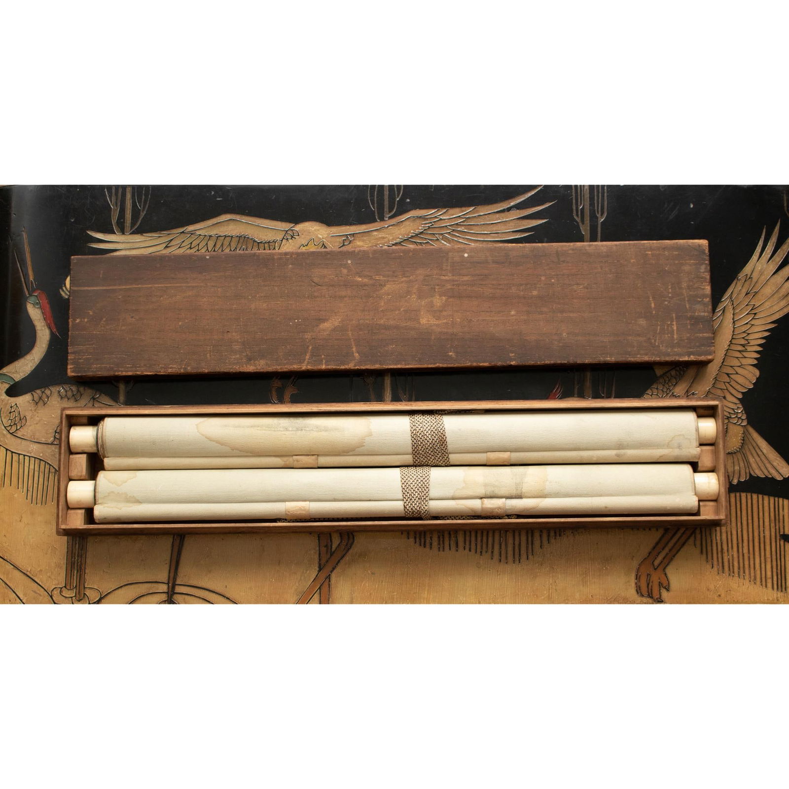 Meiji Era C. 1900s Silk Scroll Paintings by Sekkou Matsudaira, With Wooden Case, Pair - 11