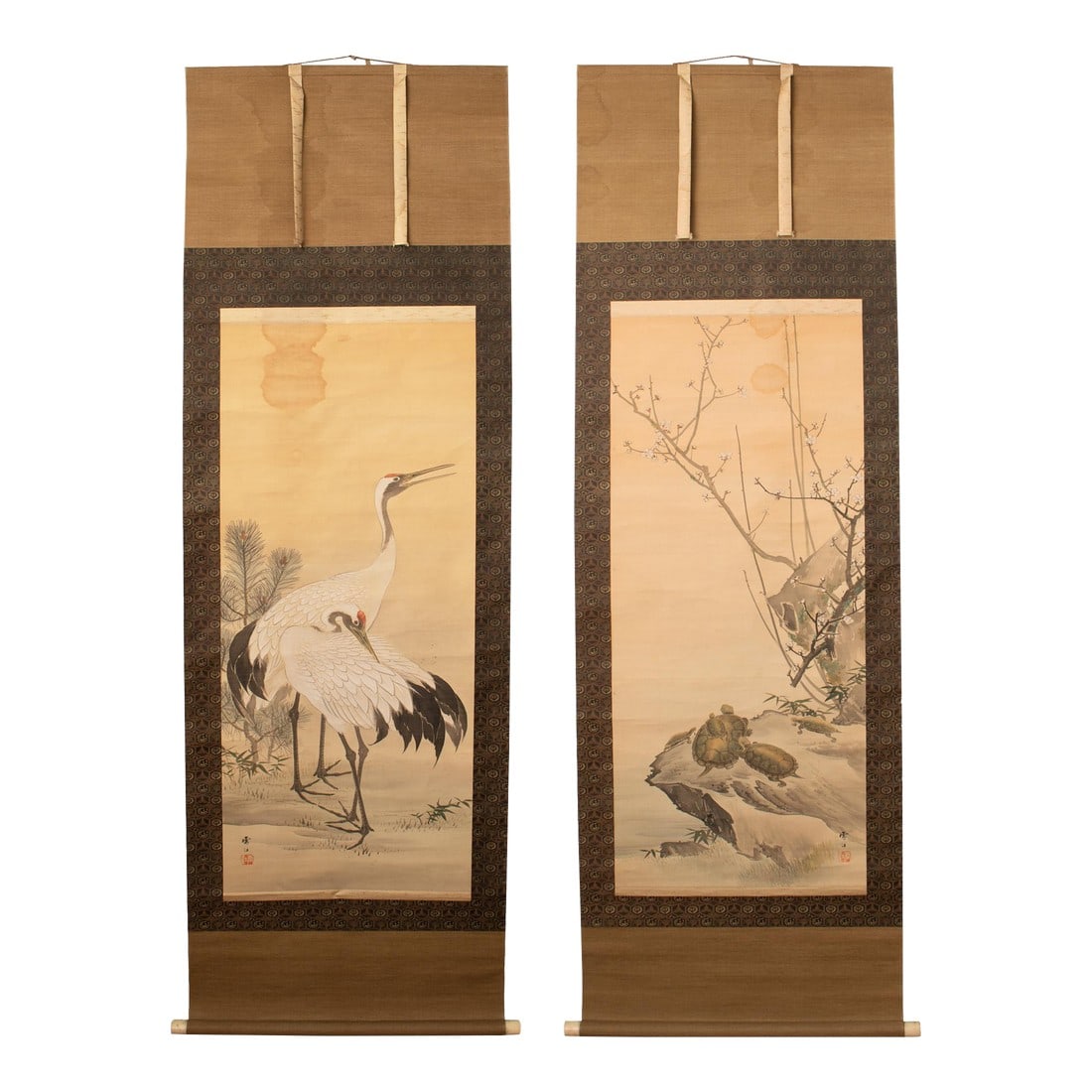Meiji Era C. 1900s Silk Scroll Paintings by Sekkou Matsudaira, With Wooden Case, Pair (1 of 12)