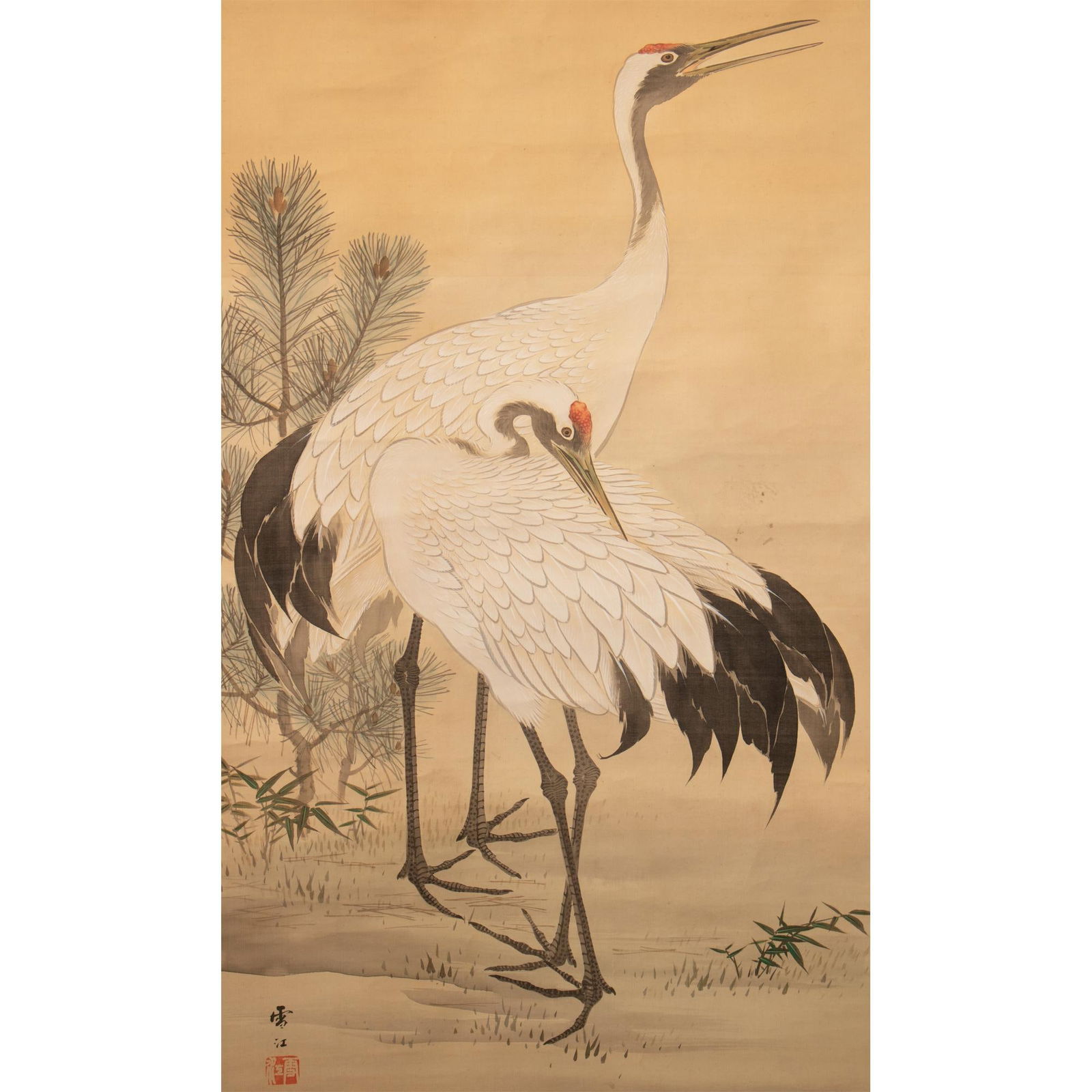 Meiji Era C. 1900s Silk Scroll Paintings by Sekkou Matsudaira, With Wooden Case, Pair - 3