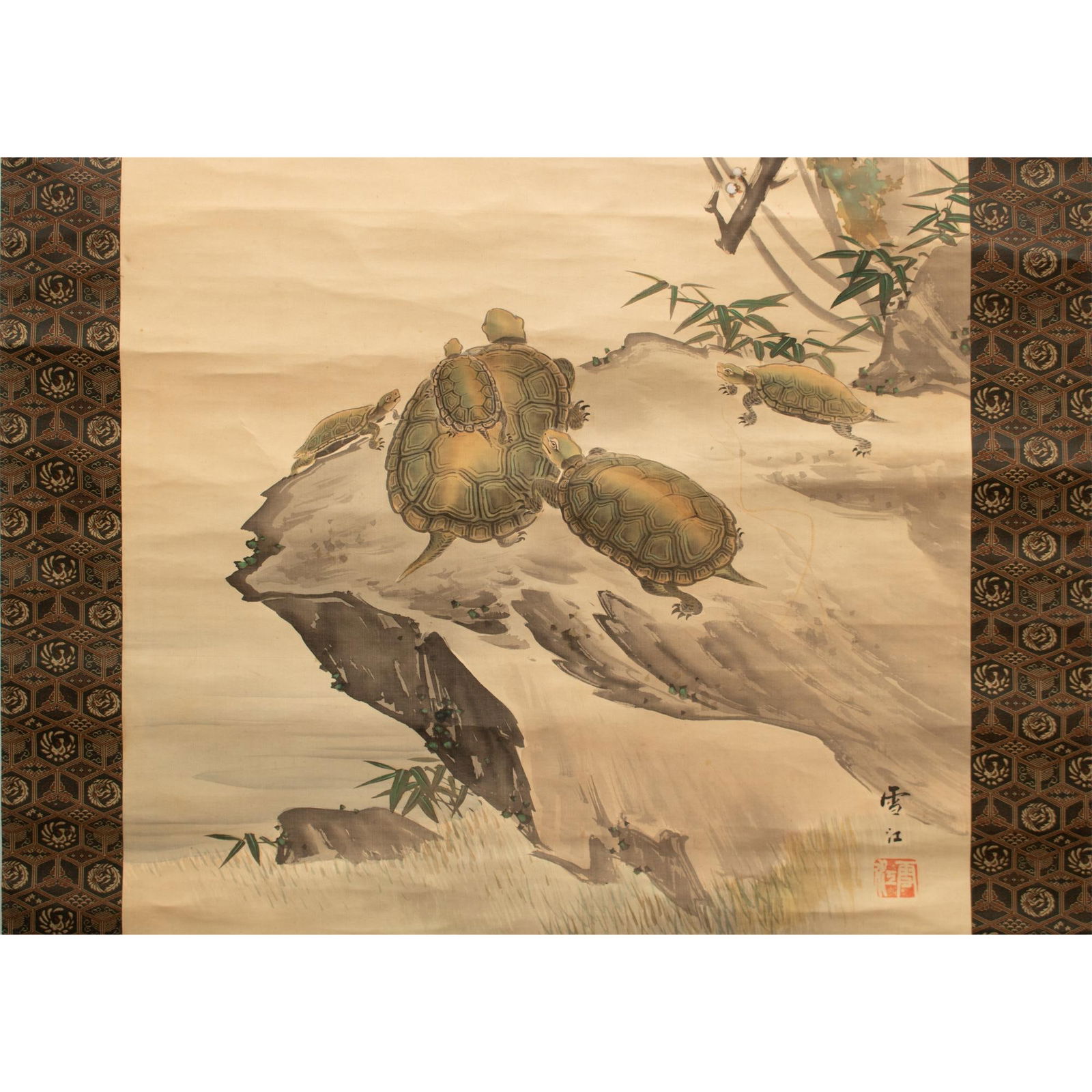 Meiji Era C. 1900s Silk Scroll Paintings by Sekkou Matsudaira, With Wooden Case, Pair - 8