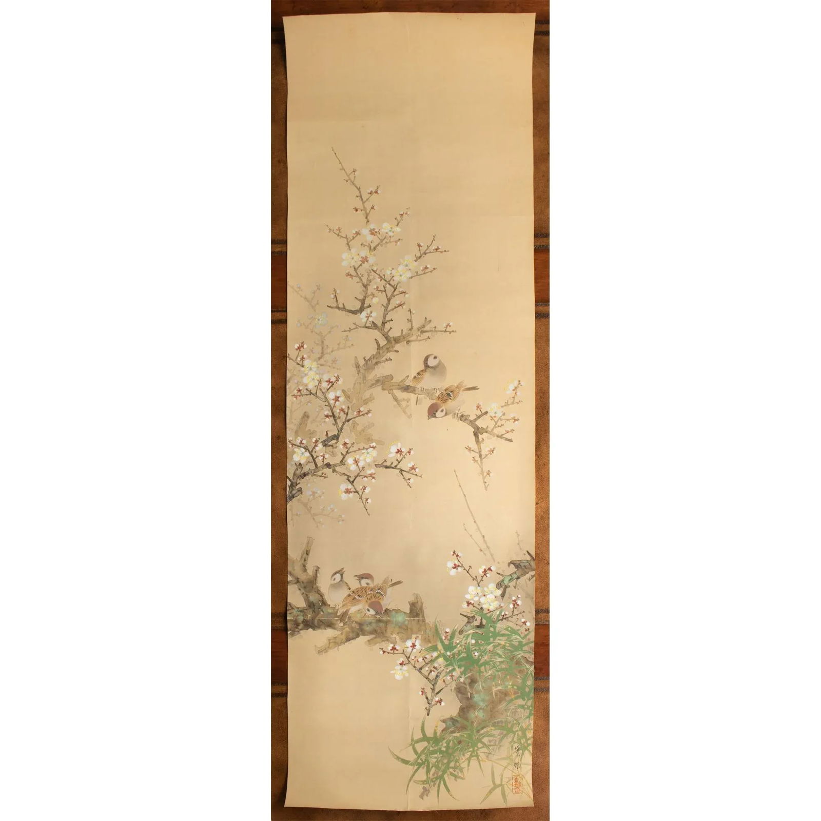 Pre-1940s Showa Era Japanese Large Watercolor Painting on Silk "Sparrows and Sakura" - 10