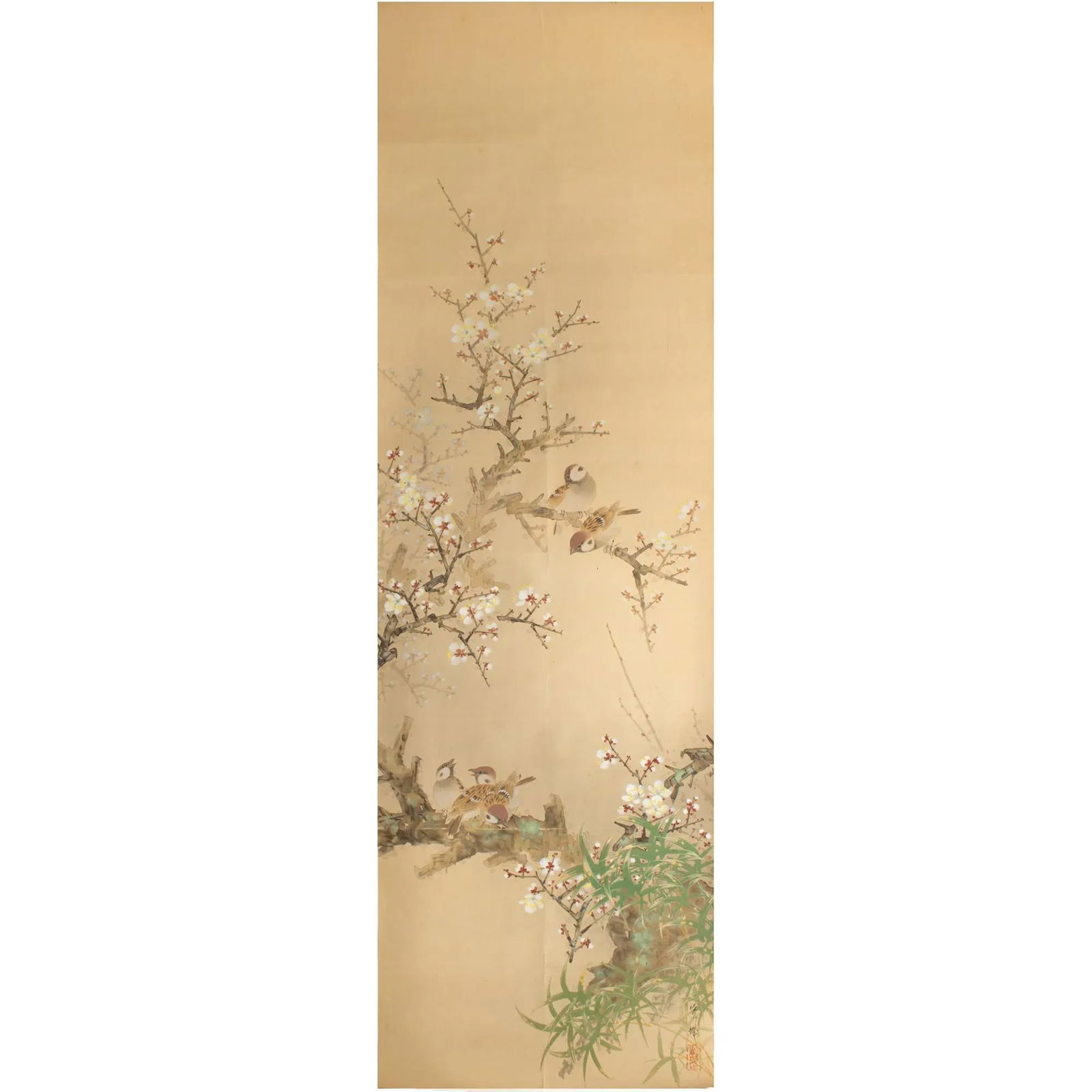 Pre-1940s Showa Era Japanese Large Watercolor Painting on Silk "Sparrows and Sakura" - 12