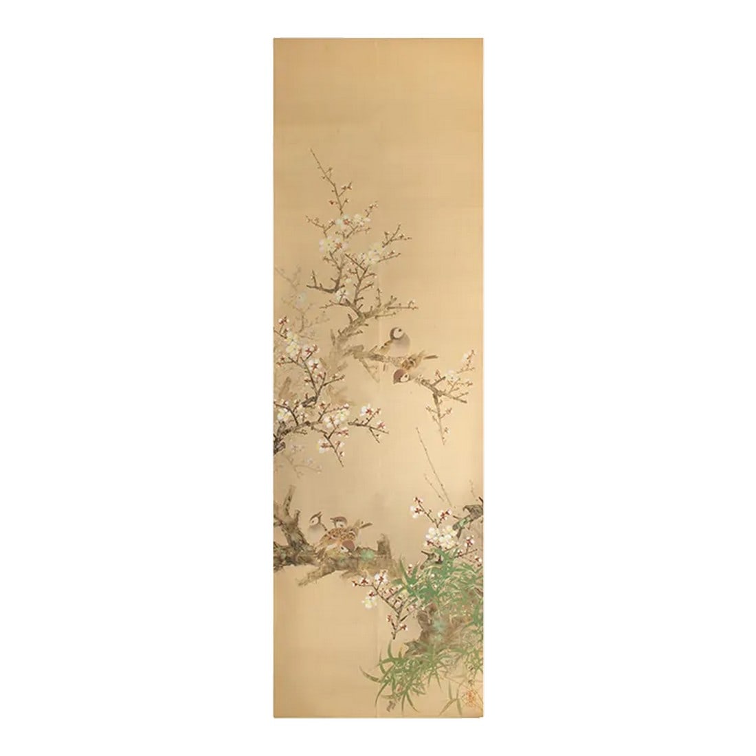 Pre-1940s Showa Era Japanese Large Watercolor Painting on Silk "Sparrows and Sakura": Lovely large antique or vintage Japanese watercolor scroll painting on silk mounted on paper. Depicting Sparrows and Sakura. Signed and sealed by artist in ink. Good condition - some age wear, few cre