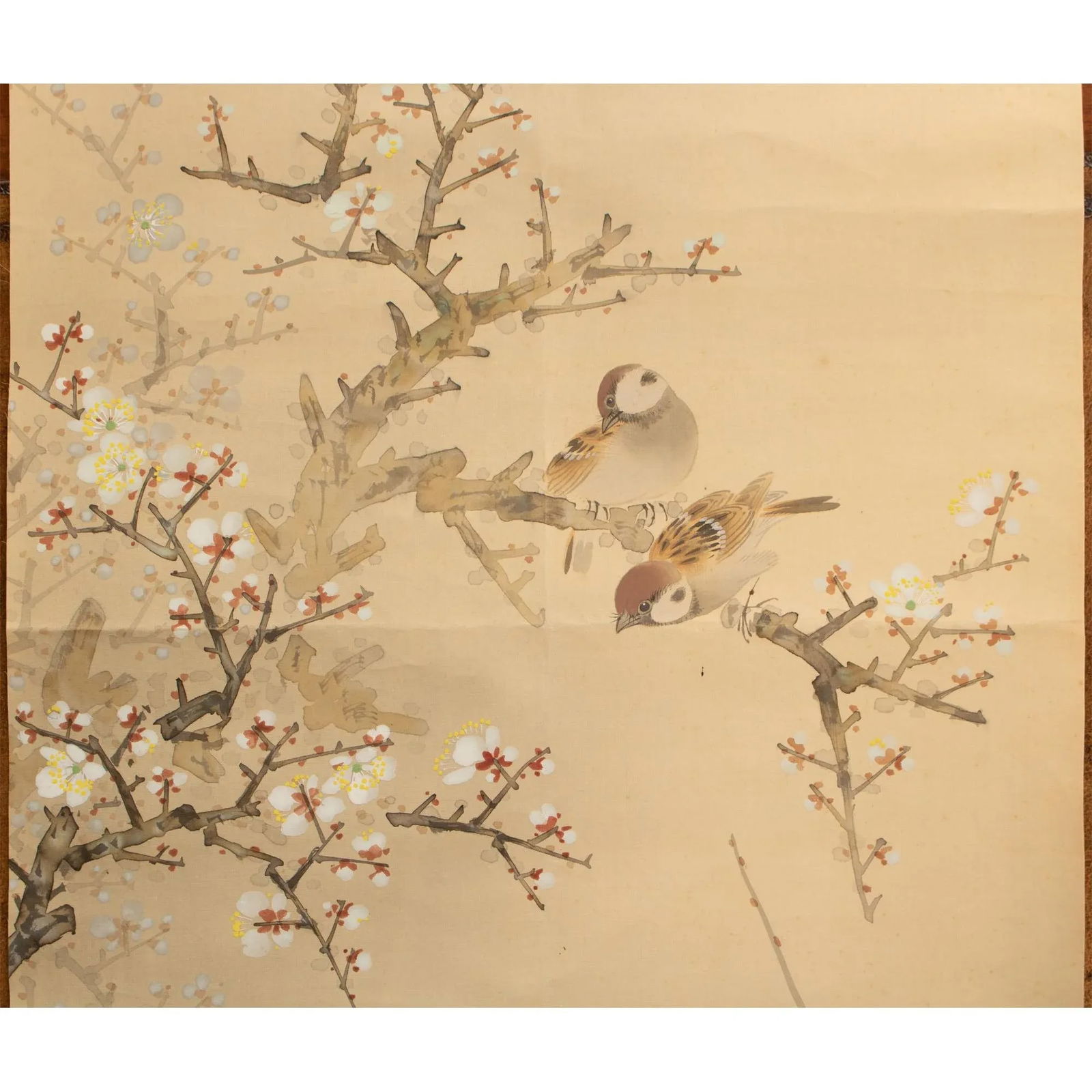 Pre-1940s Showa Era Japanese Large Watercolor Painting on Silk "Sparrows and Sakura" - 2