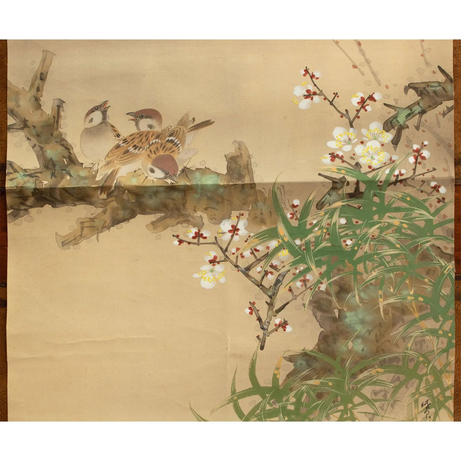 Pre-1940s Showa Era Japanese Large Watercolor Painting on Silk "Sparrows and Sakura" - 3