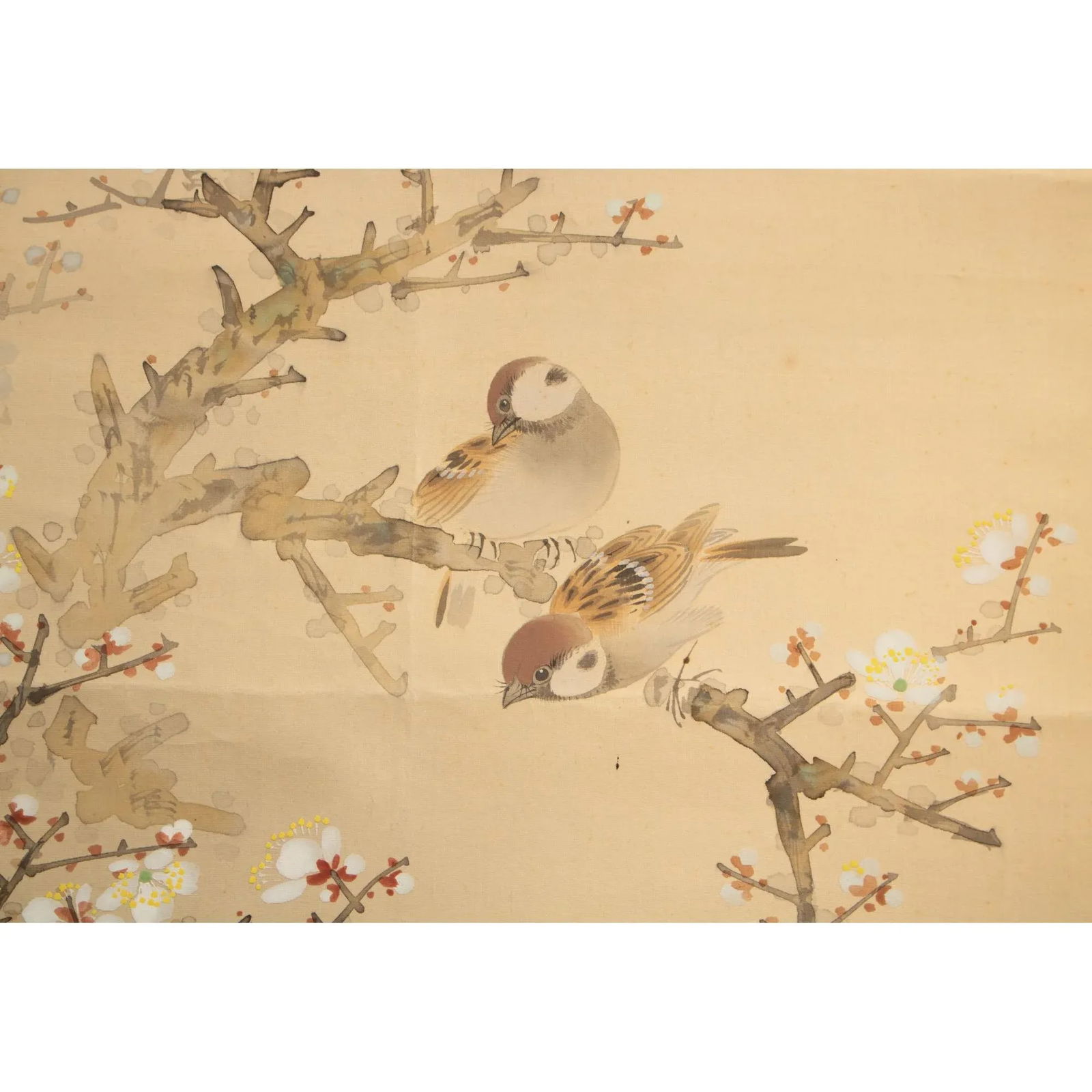 Pre-1940s Showa Era Japanese Large Watercolor Painting on Silk "Sparrows and Sakura" - 4