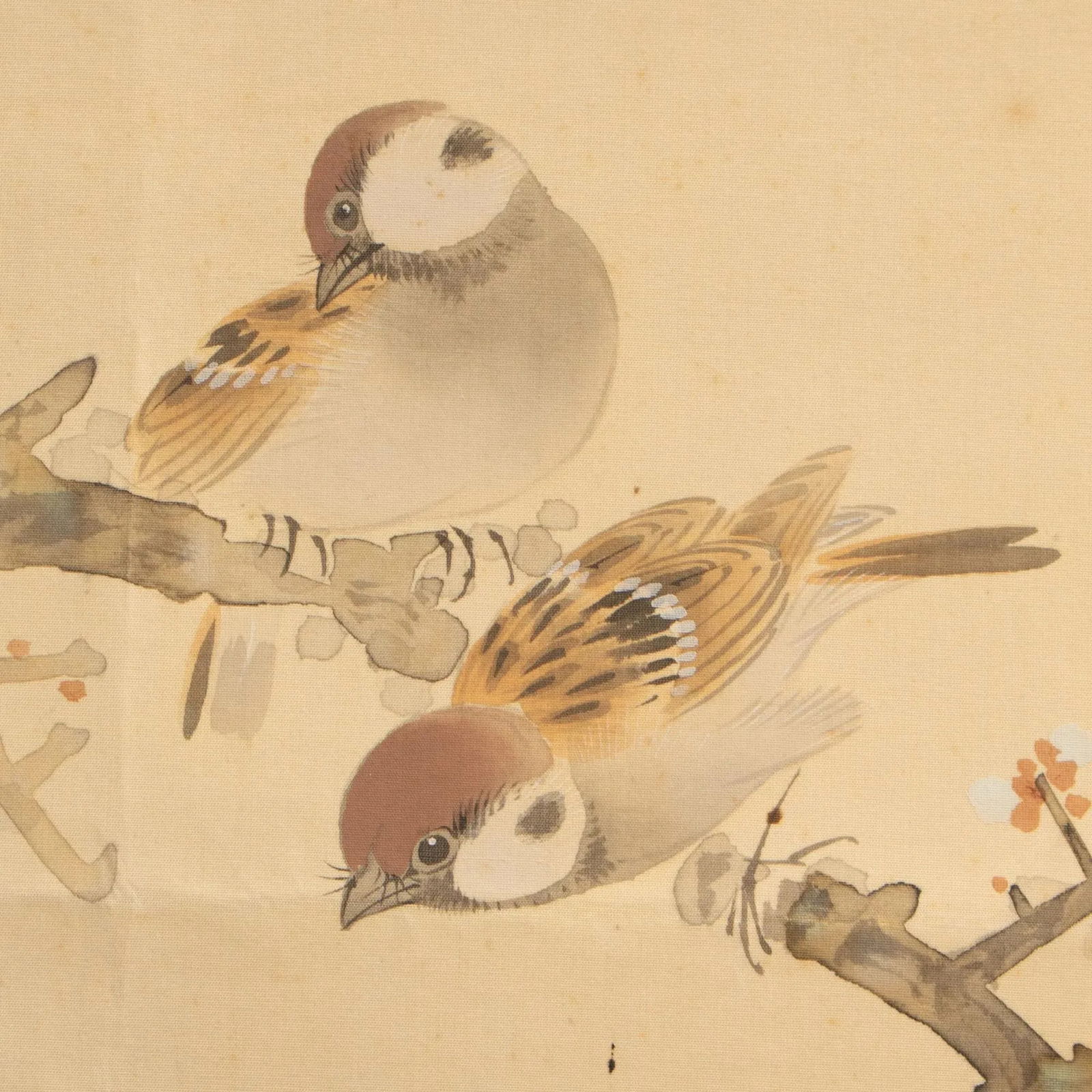 Pre-1940s Showa Era Japanese Large Watercolor Painting on Silk "Sparrows and Sakura" - 7