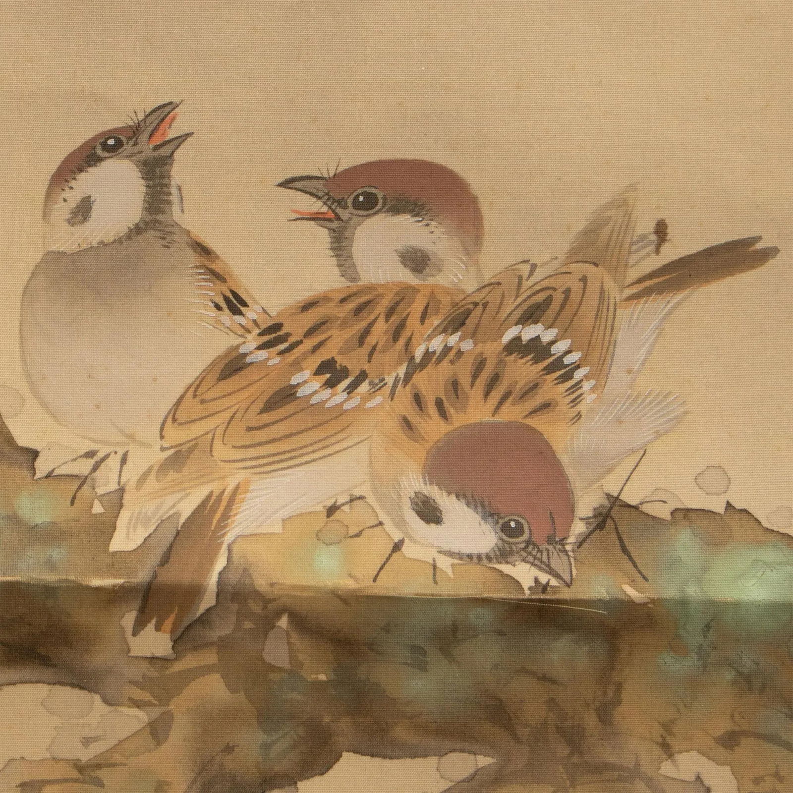 Pre-1940s Showa Era Japanese Large Watercolor Painting on Silk "Sparrows and Sakura" - 8