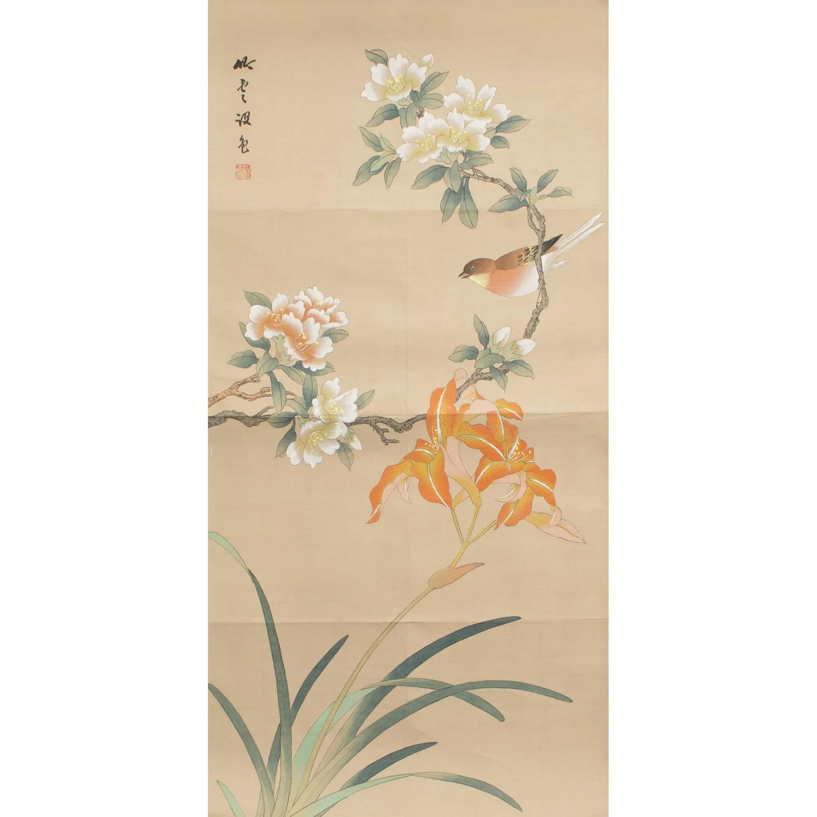 Mid 20th Century Showa Era Japanese Watercolor Painting on Silk "Rosefinch, Camellias and Lilies" - 12