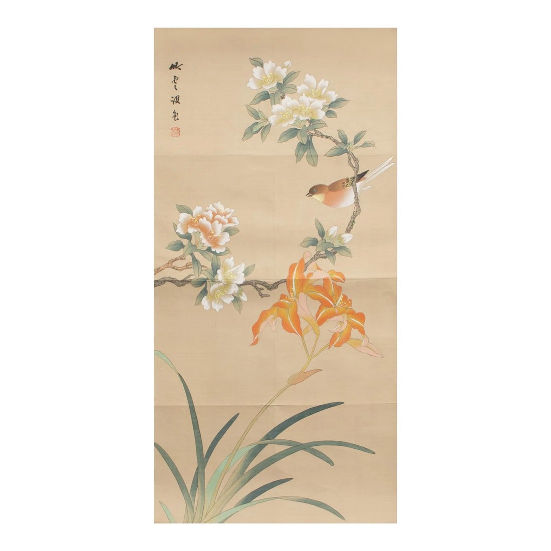Mid 20th Century Showa Era Japanese Watercolor Painting on Silk "Rosefinch, Camellias and Lilies": Lovely vintage Japanese watercolor scroll painting on silk mounted on paper. Depicting Long-tailed Rosefinch on the branch of Camellias and Lilies. Signed and sealed by artist in ink. Very detailed an