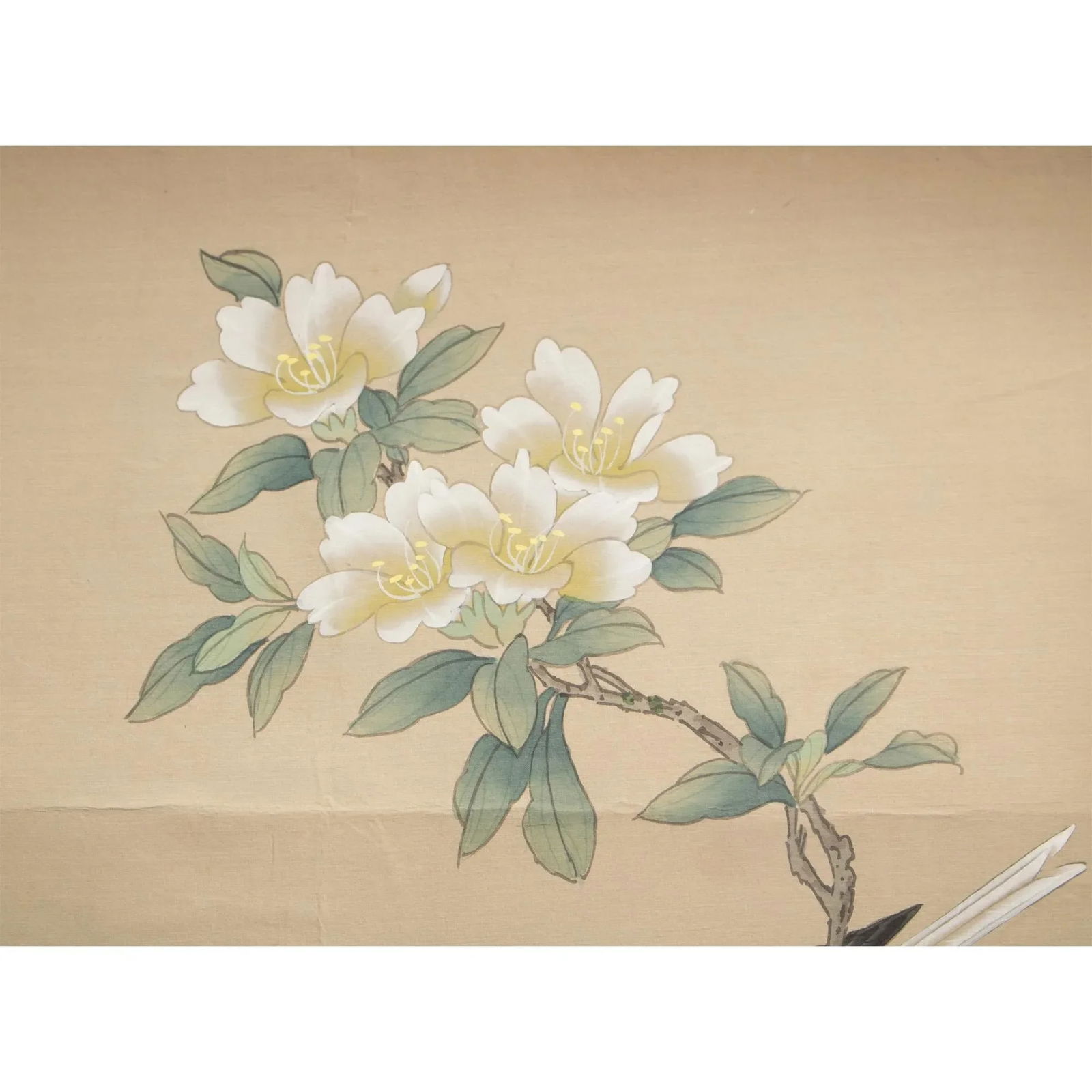 Mid 20th Century Showa Era Japanese Watercolor Painting on Silk "Rosefinch, Camellias and Lilies" - 4