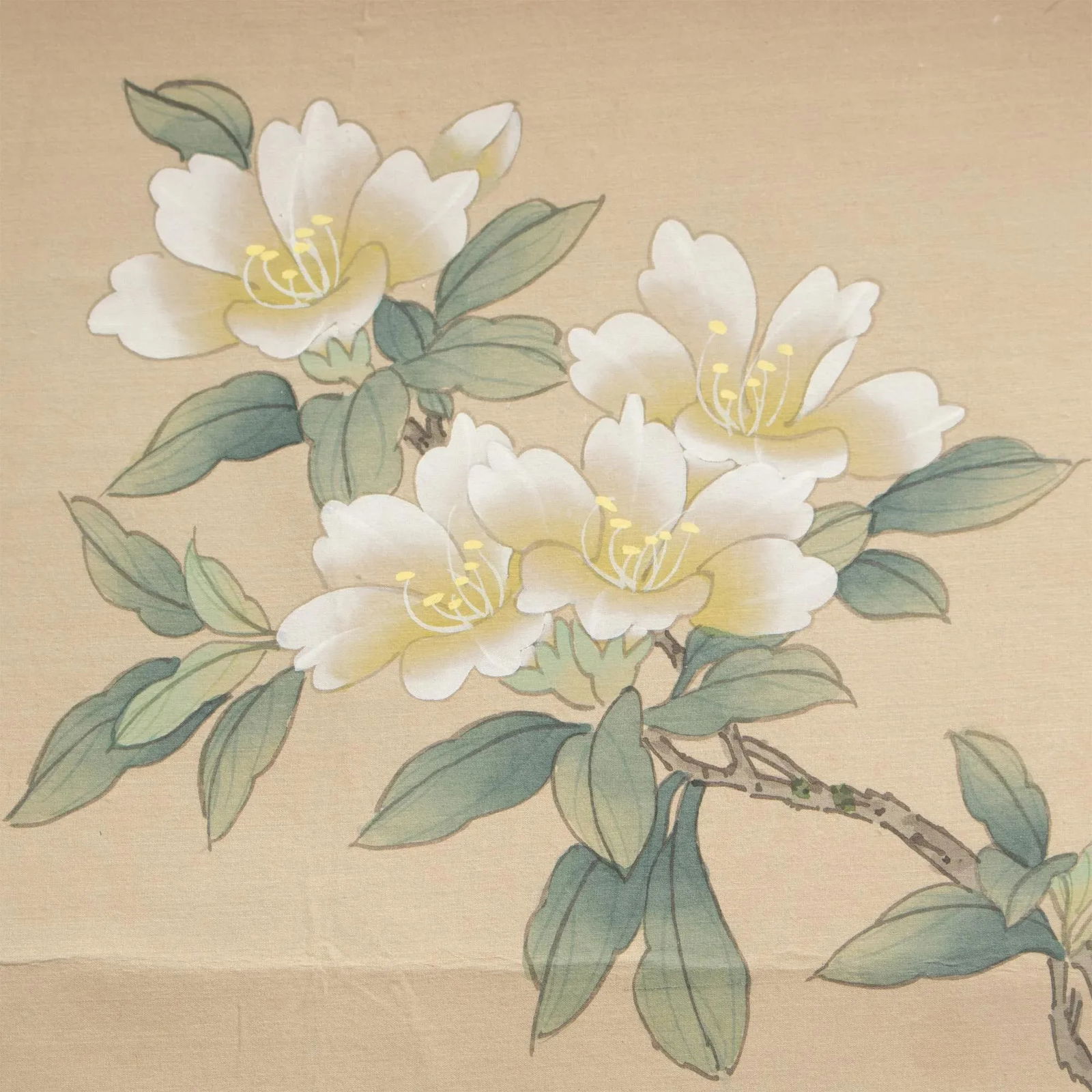 Mid 20th Century Showa Era Japanese Watercolor Painting on Silk "Rosefinch, Camellias and Lilies" - 5